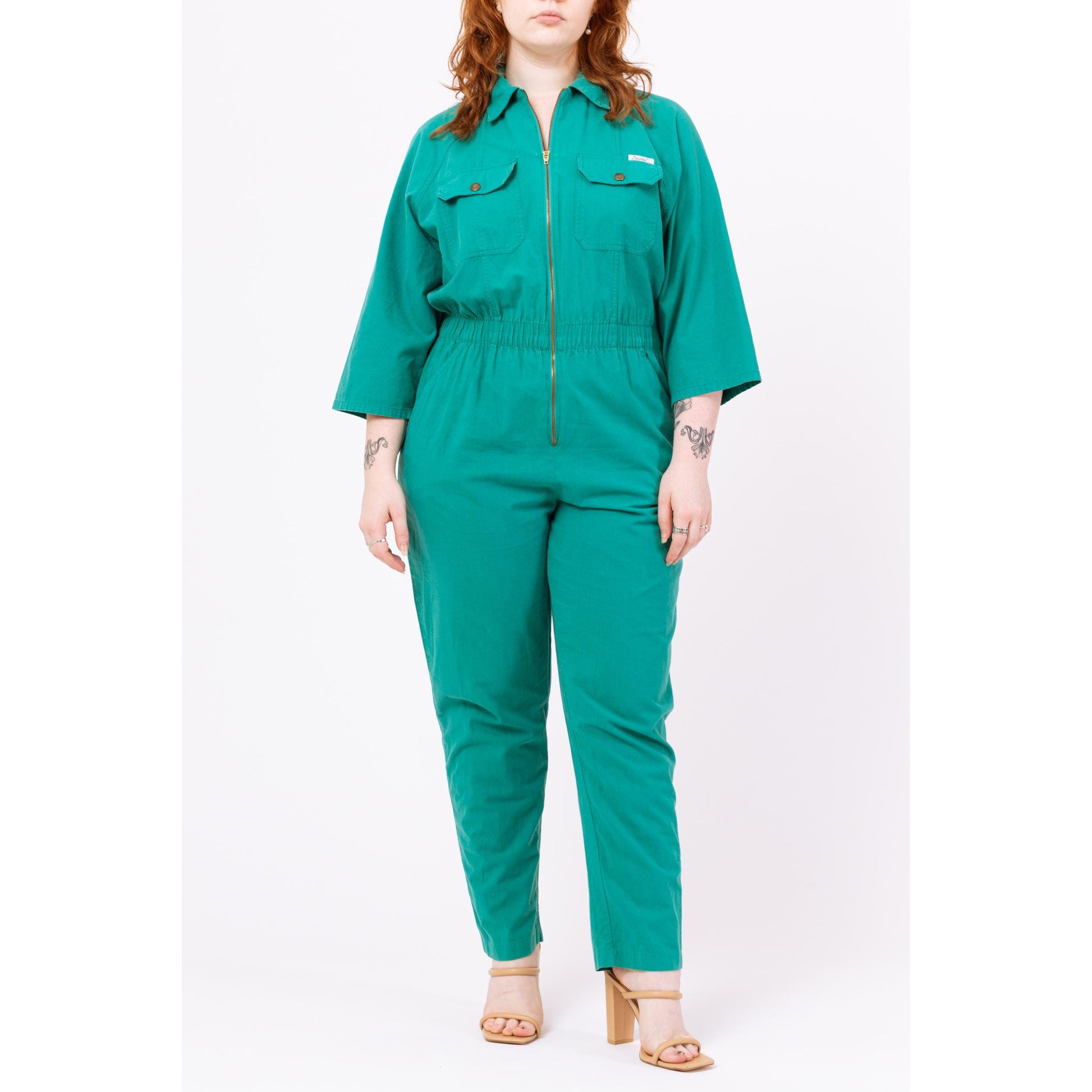 Vintage 80s Teal Green Coverall Jumpsuit - Medium to Large | Zip Up Utility Workwear 3/4 Sleeve Boiler Suit One Piece Outfit