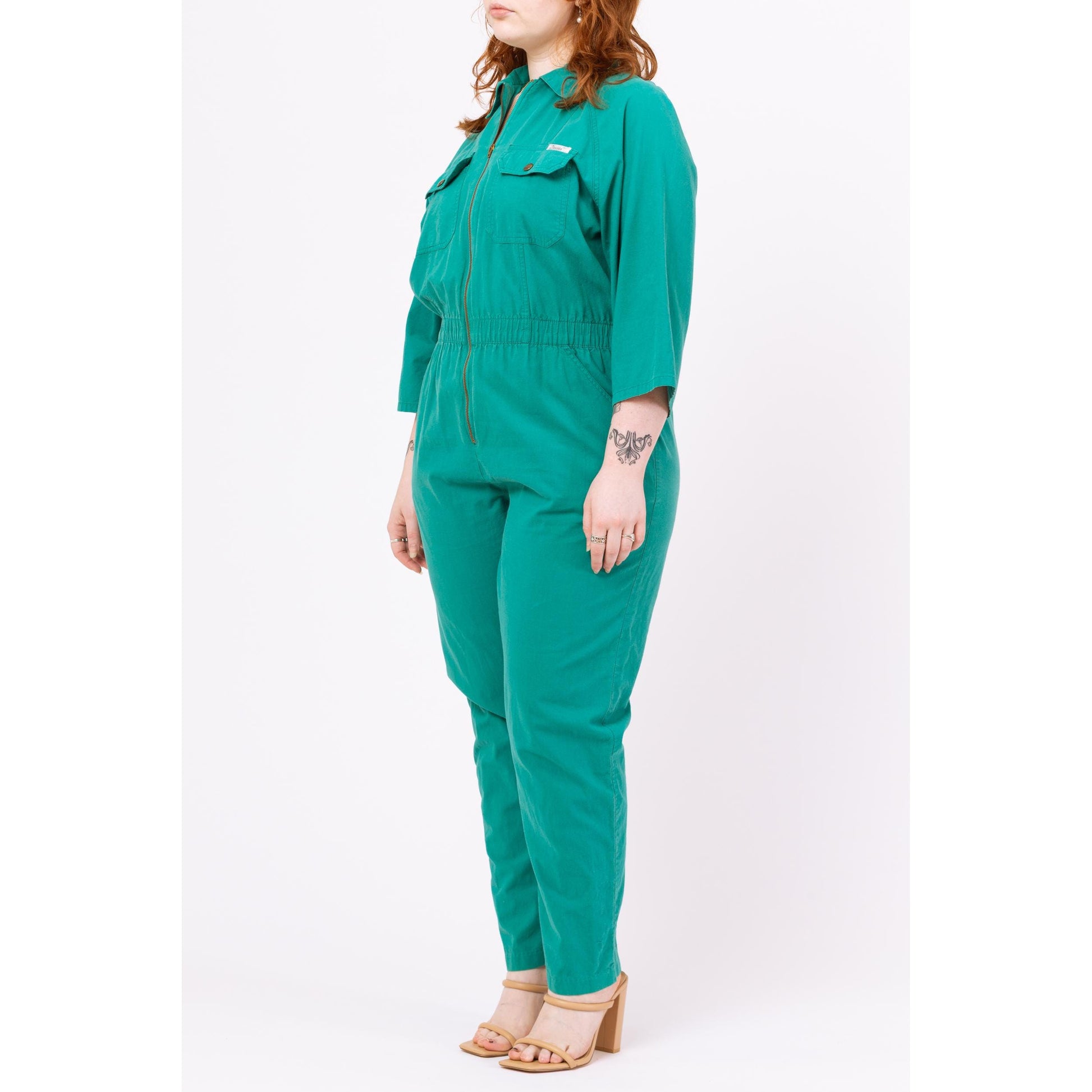 Vintage 80s Teal Green Coverall Jumpsuit - Medium to Large | Zip Up Utility Workwear 3/4 Sleeve Boiler Suit One Piece Outfit