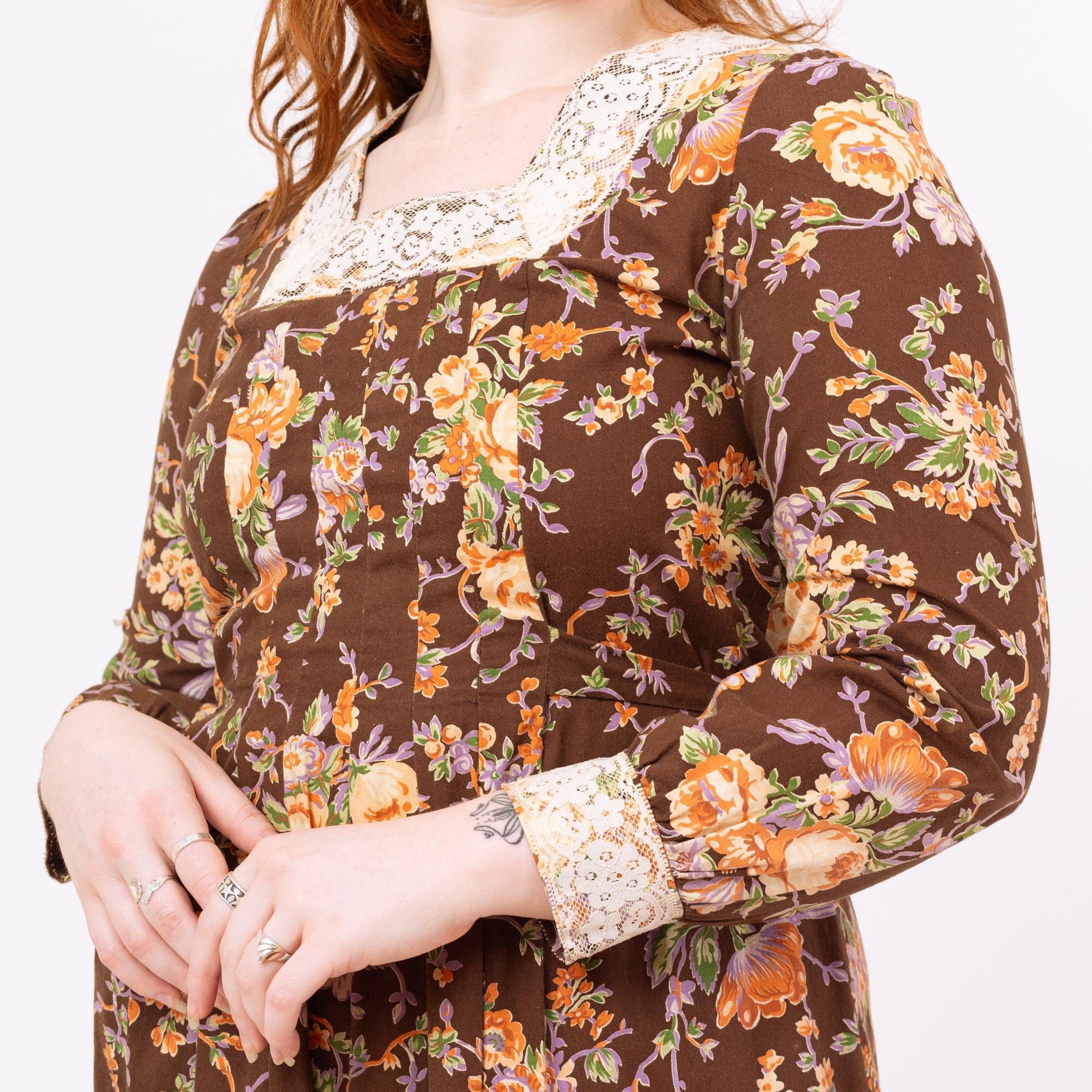 Vintage 70s Boho Brown Floral Midi Prairie Dress - Small Vintage 70s Boho Brown Floral Midi Prairie Dress - Small