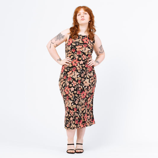 Vintage 90s Black & Pink Floral Silk Bias Cut Midi Dress - Medium | Boho Wedding Guest Dress, Sleeveless Date Night Dress