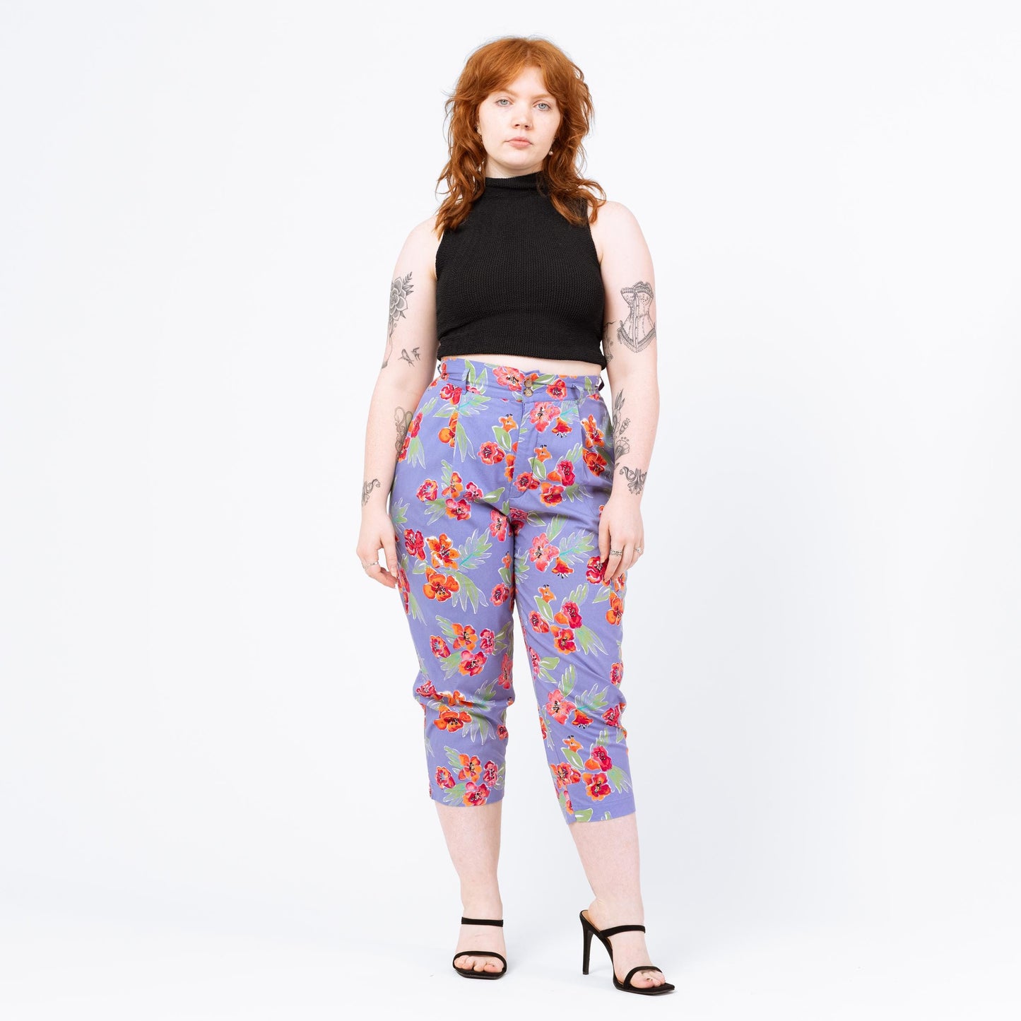 Vintage 90s Esprit Purple Floral Capri Pants - Large, 31" Waist | High Waisted Cropped Trousers, Tapered Leg Retro Summer Pants