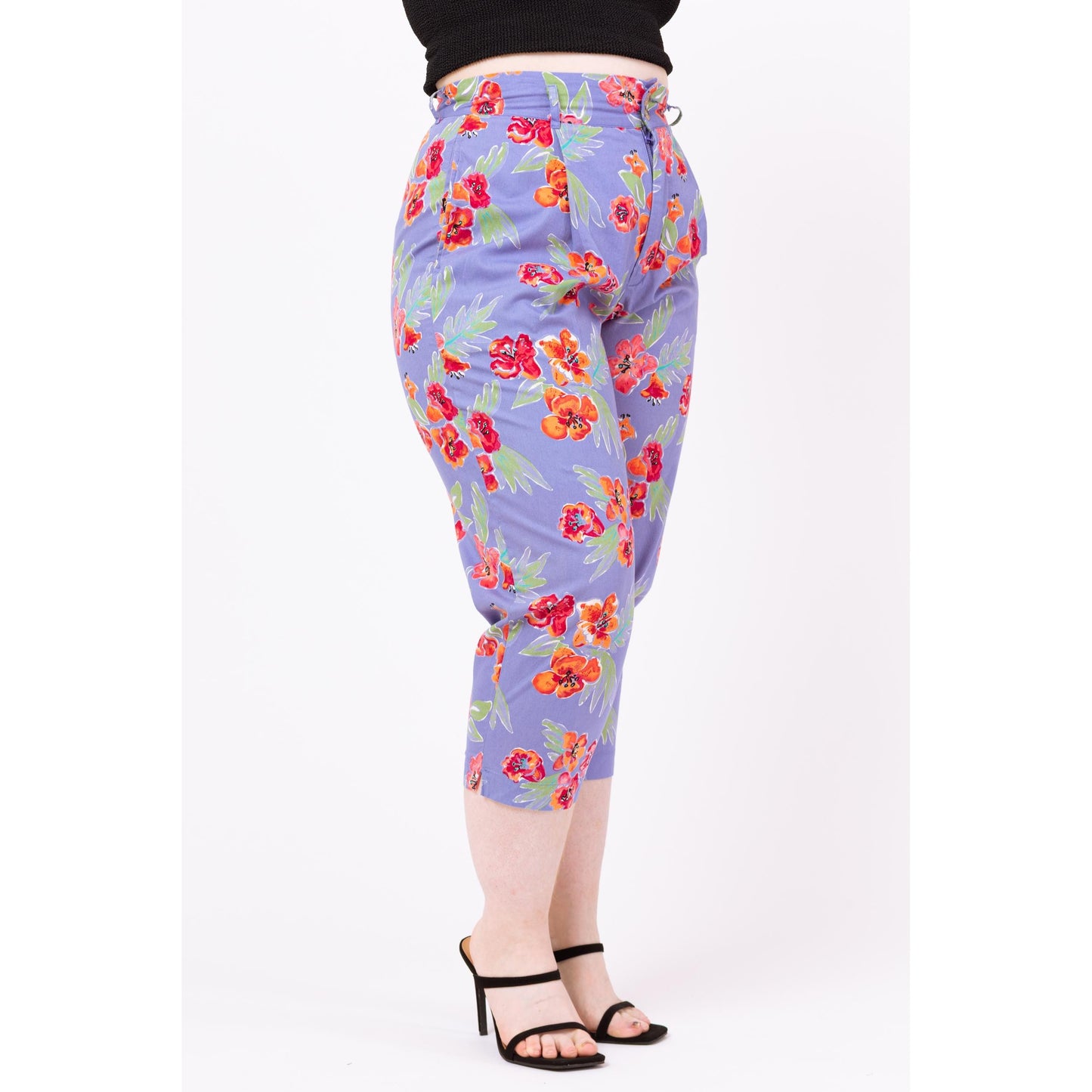 Vintage 90s Esprit Purple Floral Capri Pants - Large, 31" Waist | High Waisted Cropped Trousers, Tapered Leg Retro Summer Pants
