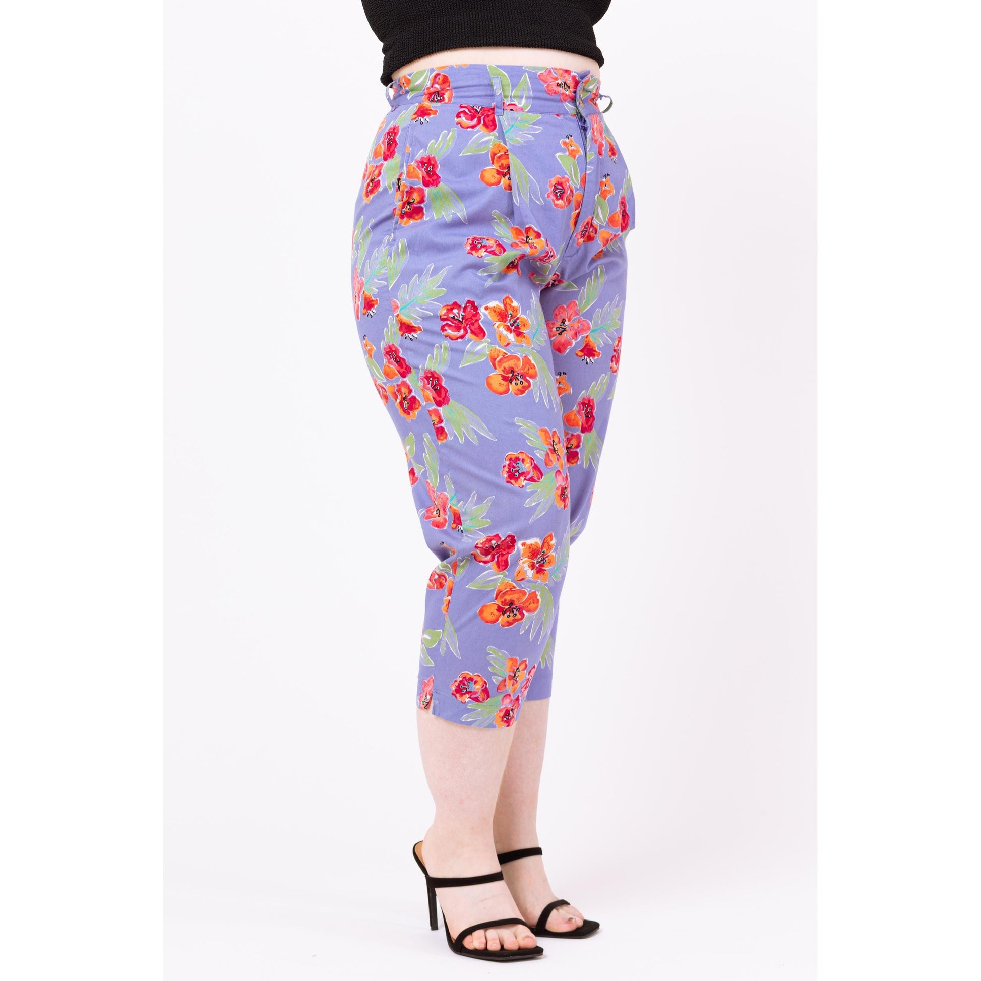 Vintage 90s Esprit Purple Floral Capri Pants - Large, 31" Waist | High Waisted Cropped Trousers, Tapered Leg Retro Summer Pants