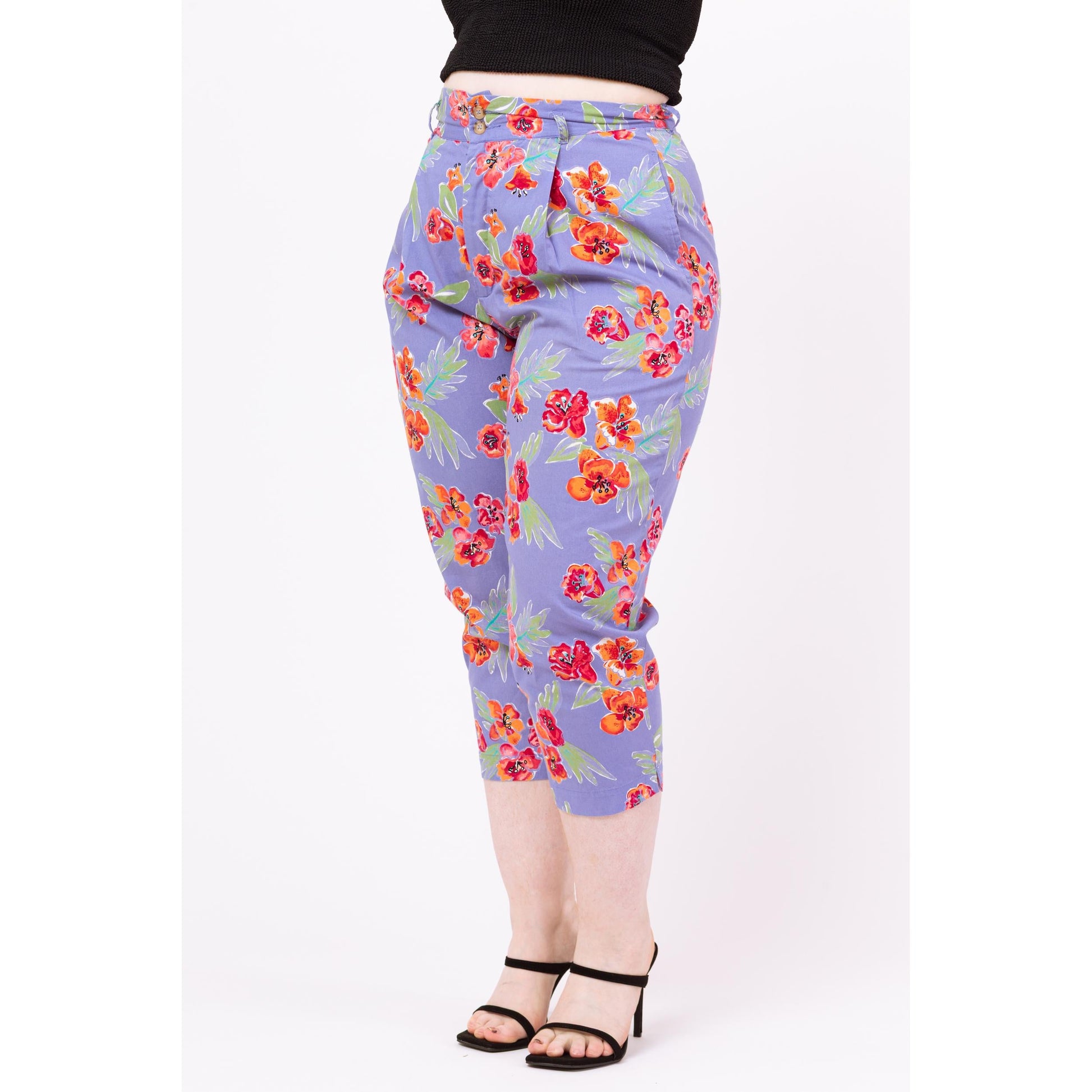 Vintage 90s Esprit Purple Floral Capri Pants - Large, 31" Waist | High Waisted Cropped Trousers, Tapered Leg Retro Summer Pants