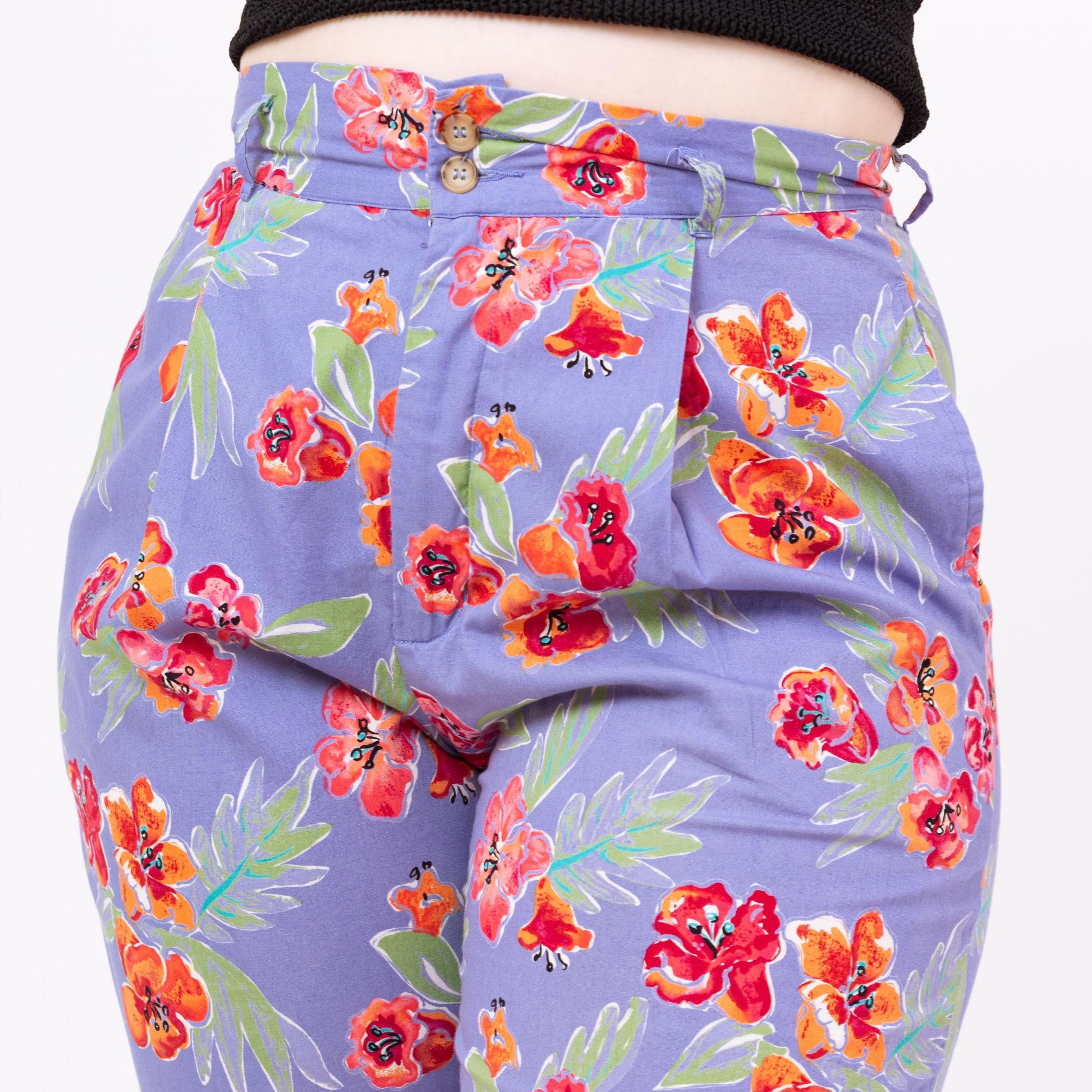 Vintage 90s Esprit Purple Floral Capri Pants - Large, 31" Waist | High Waisted Cropped Trousers, Tapered Leg Retro Summer Pants