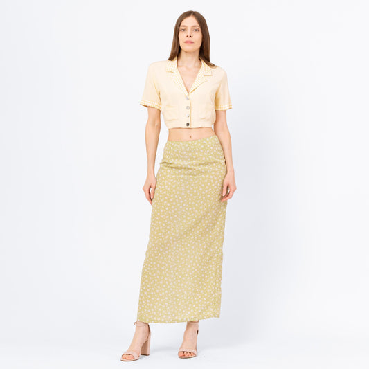 Vintage 90s Sage Green Floral Doodle Maxi Skirt - Small | Boho High Waisted Long Straight Summer Skirt