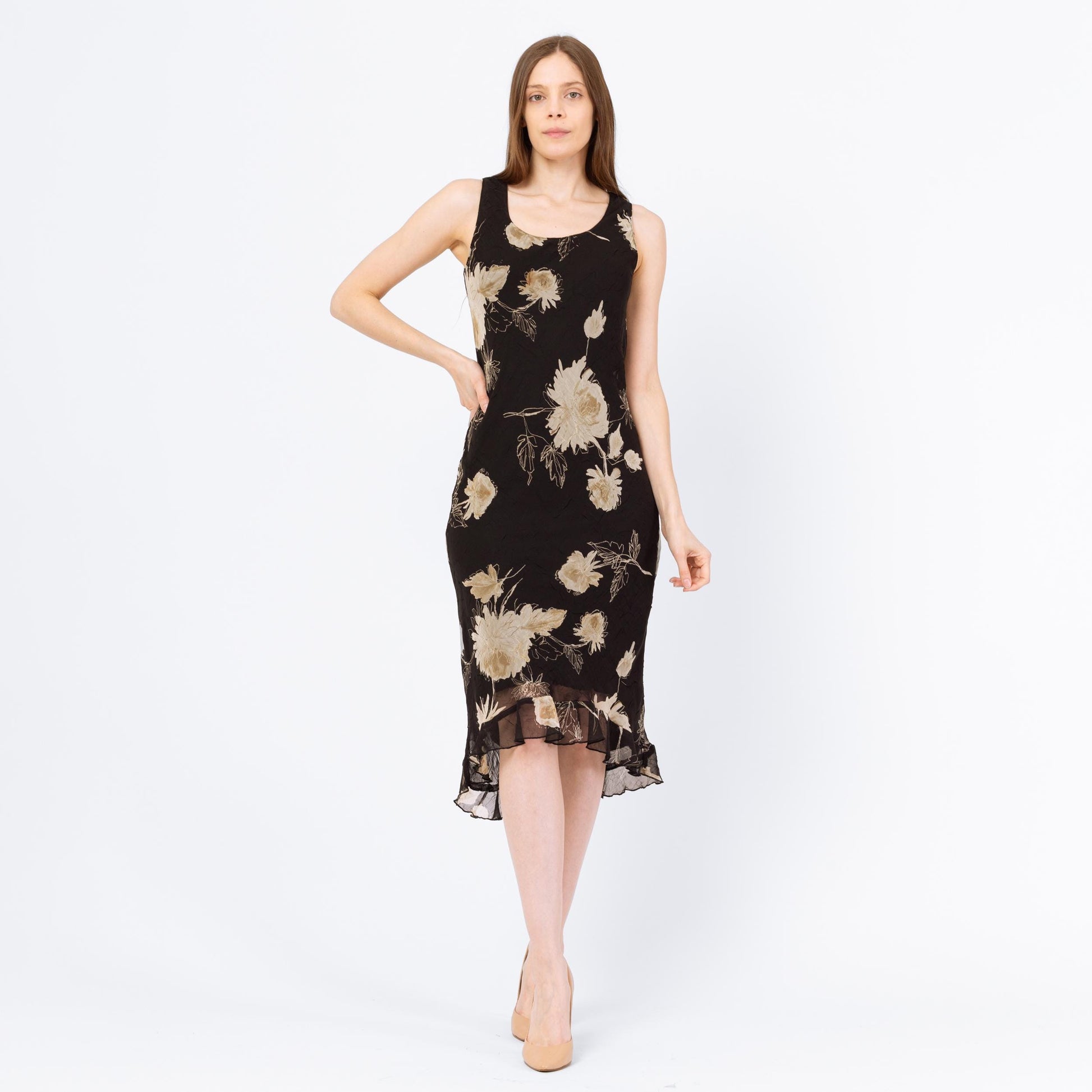 Vintage 90s Black Floral Bias Cut High-Low Midi Dress - Small, Size 6 Vintage 90s Black Floral Bias Cut High-Low Midi Dress - Small, Size 6