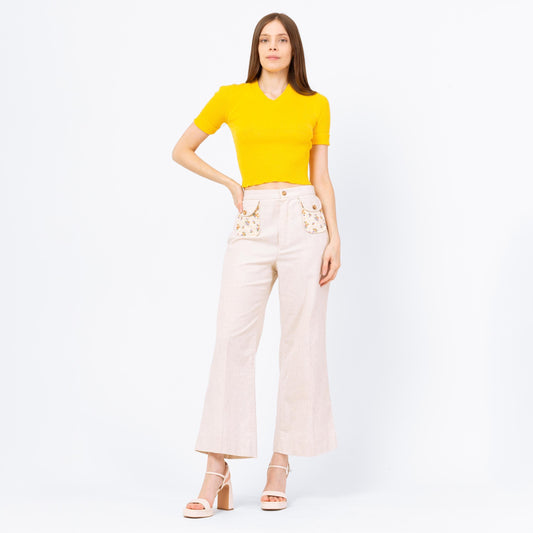 Vintage 70s Floral Pocket Flared Pants - Medium, 29" Waist | Boho High Waisted Oatmeal Bell Bottom Folk Cottagecore Flares