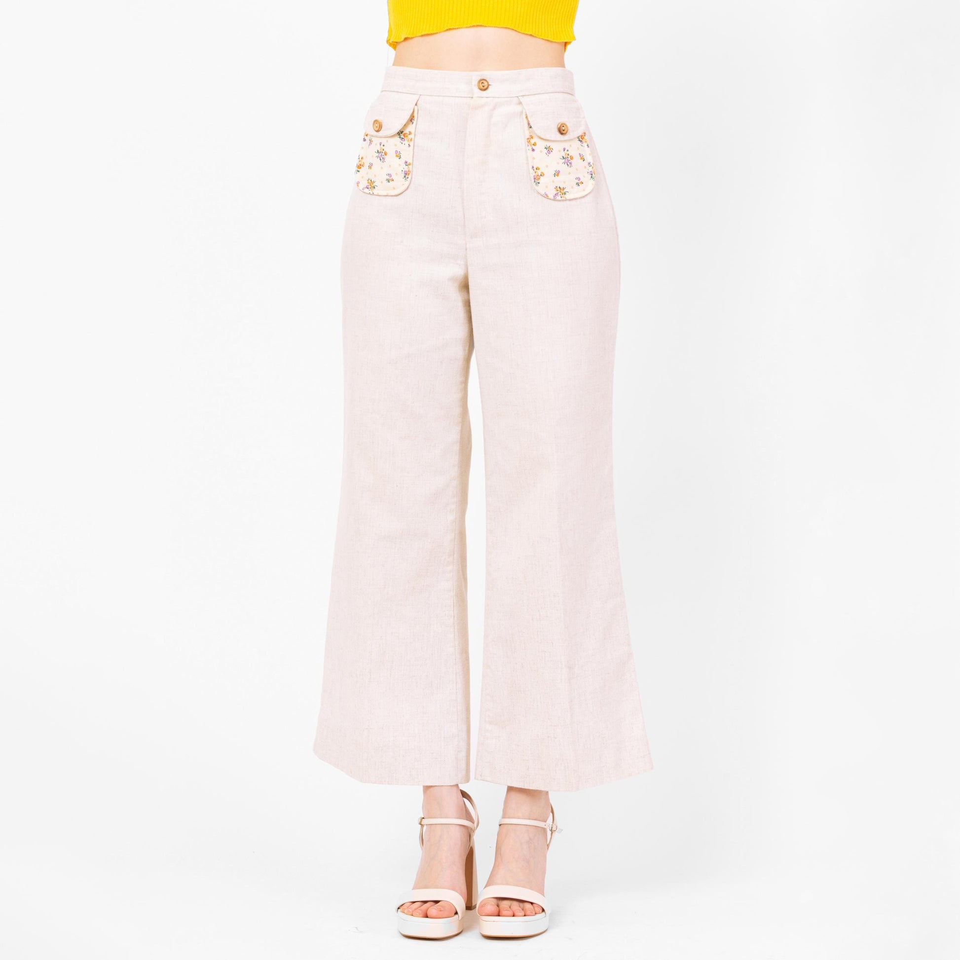 Vintage 70s Floral Pocket Flared Pants - Medium, 29" Waist | Boho High Waisted Oatmeal Bell Bottom Folk Cottagecore Flares