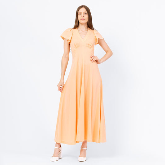 Vintage 70s Peach Flutter Sleeve Maxi Dress - Extra Small | Retro Empire Waist Disco Prom Party Dress