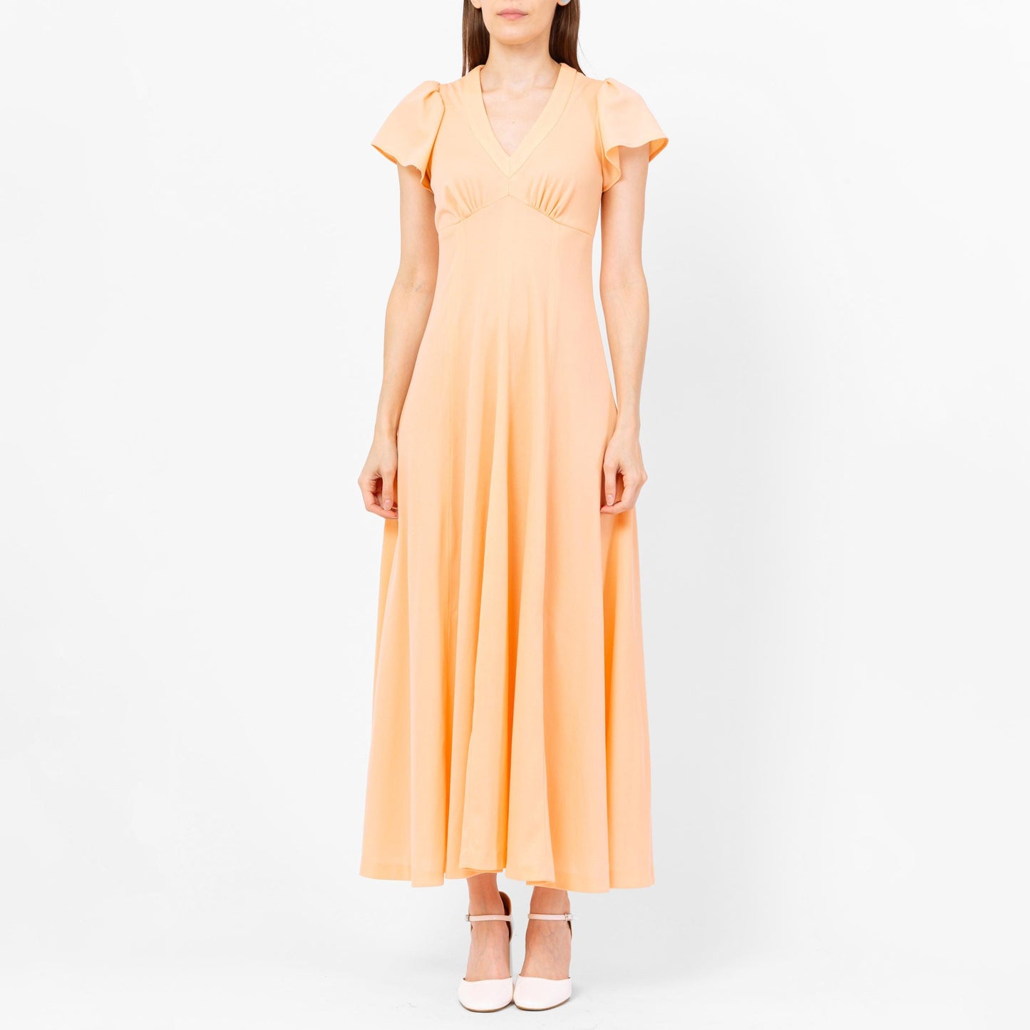 Vintage 70s Peach Flutter Sleeve Maxi Dress - Extra Small | Retro Empire Waist Disco Prom Party Dress