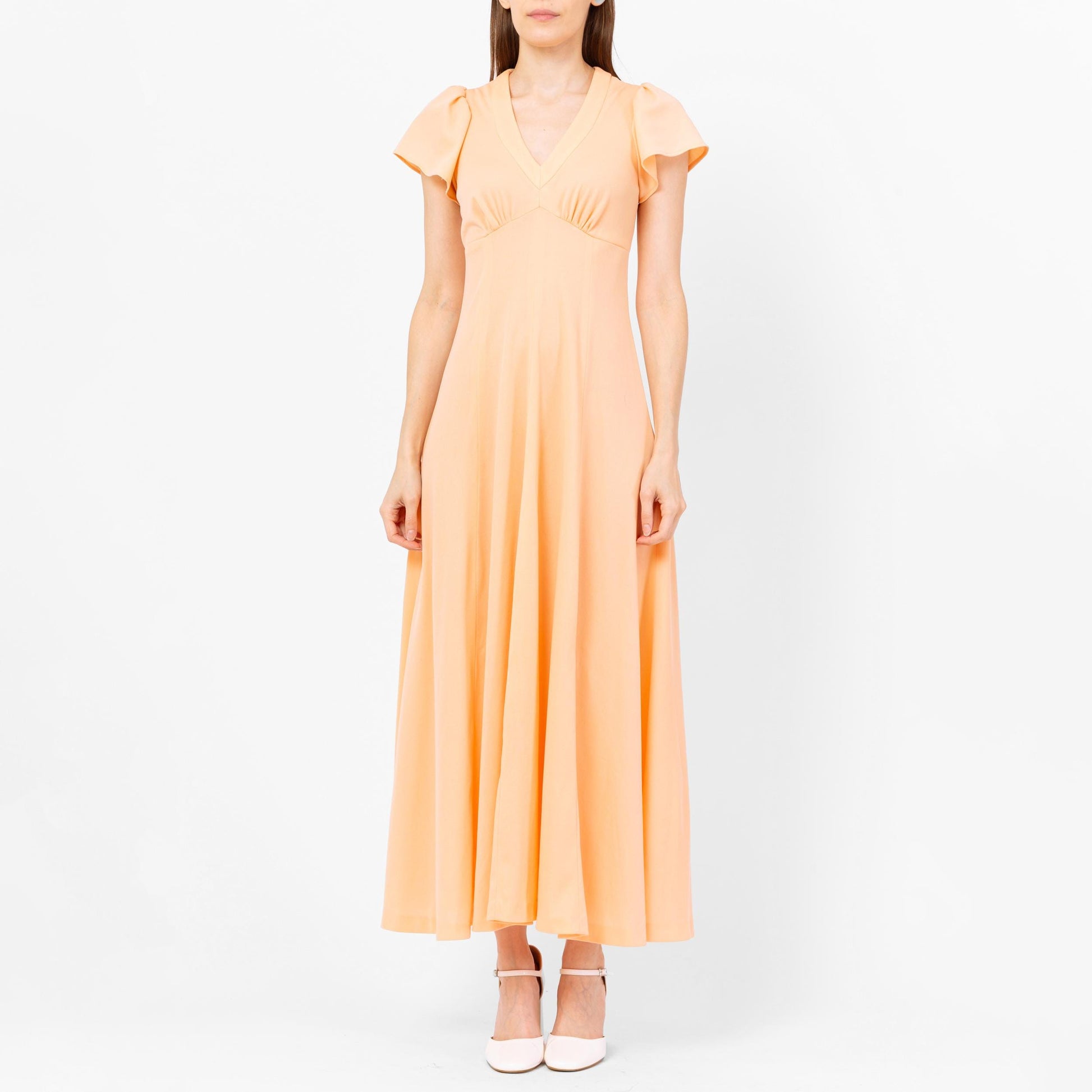 Vintage 70s Peach Flutter Sleeve Maxi Dress - Extra Small | Retro Empire Waist Disco Prom Party Dress