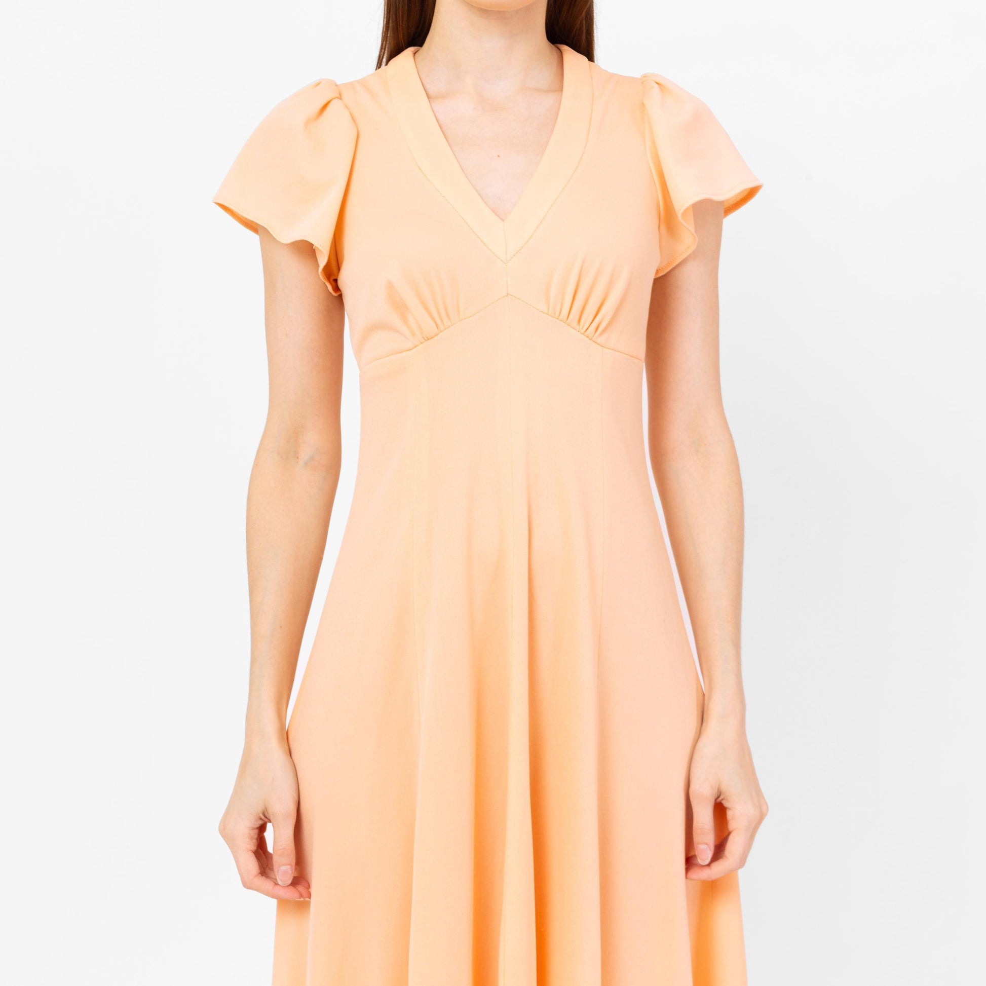 Vintage 70s Peach Flutter Sleeve Maxi Dress - Extra Small | Retro Empire Waist Disco Prom Party Dress