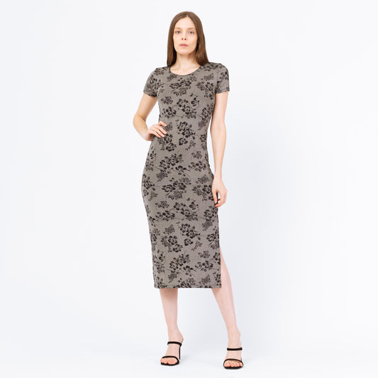 Vintage 90s Silver & Black Floral Stretchy Midi Dress - Small to Medium | Grunge Short Sleeve Bodycon Dress, Slinky Side Slit Dress