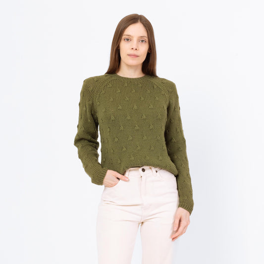 Vintage 60s Olive Green Wool Bobble Knit Sweater - Small to Medium | Boe Jests 3D Knit Pullover, Cottagecore Hand Knit Sweater