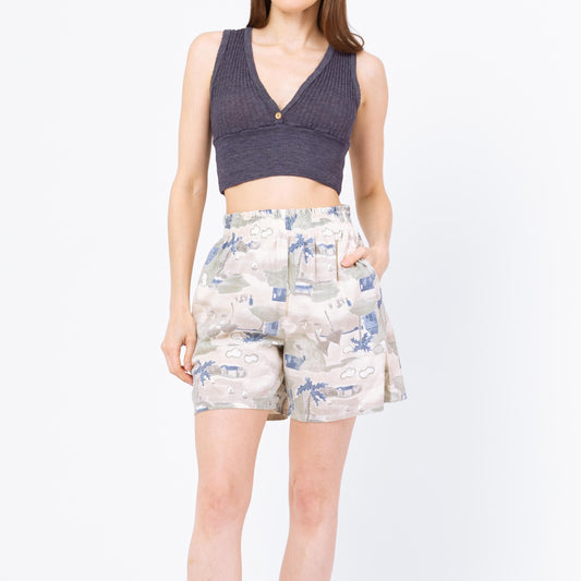 Vintage 90s Tropical Print Cotton Lounge Shorts - Small to Large | Boho Elastic High Waist Wide Leg Casual Summer Beach Shorts