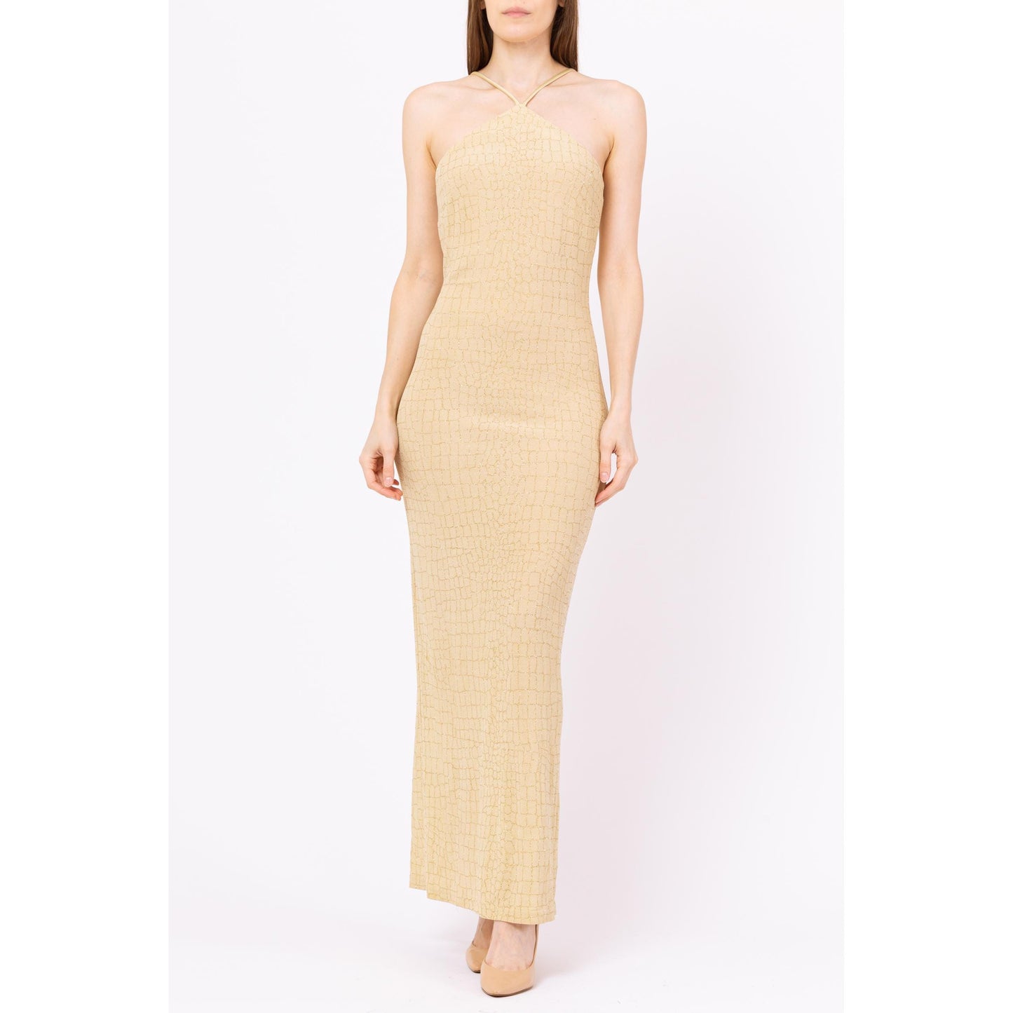 Vintage 90s Cache Gold Metallic Mosaic Maxi Dress - Small | Formal Sparkle Evening Gown, Slinky Sleeveless Wedding Guest Dress Dress