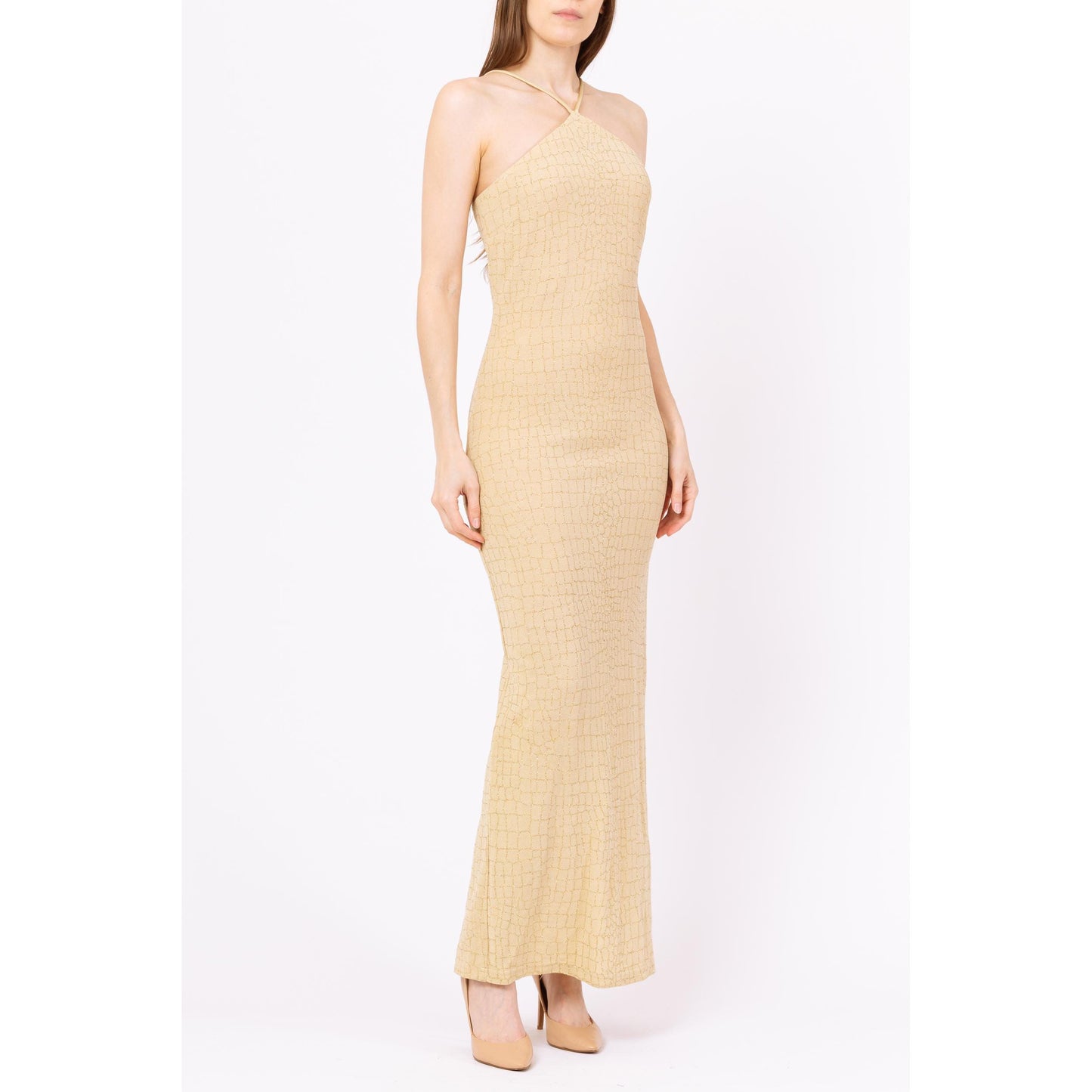 Vintage 90s Cache Gold Metallic Mosaic Maxi Dress - Small | Formal Sparkle Evening Gown, Slinky Sleeveless Wedding Guest Dress Dress