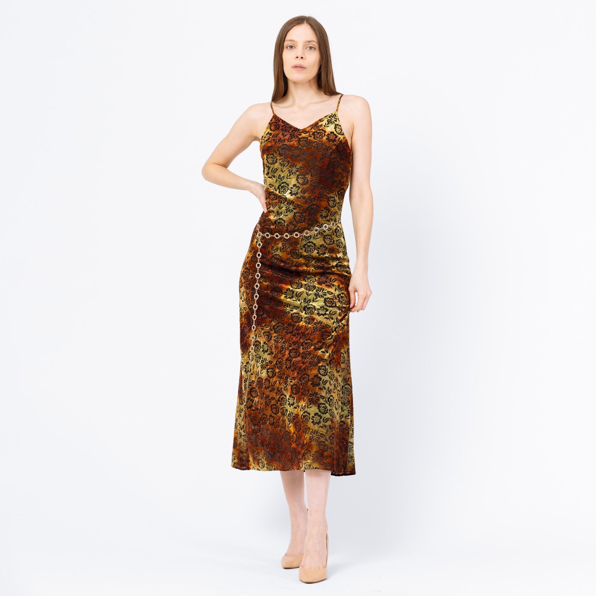 Vintage 90s Dark Floral Burnout Velvet Maxi Dress - Small Flying Apple Vintage Vintage 90s Dark Floral Burnout Velvet Maxi Dress - Small Flying Apple Vintage