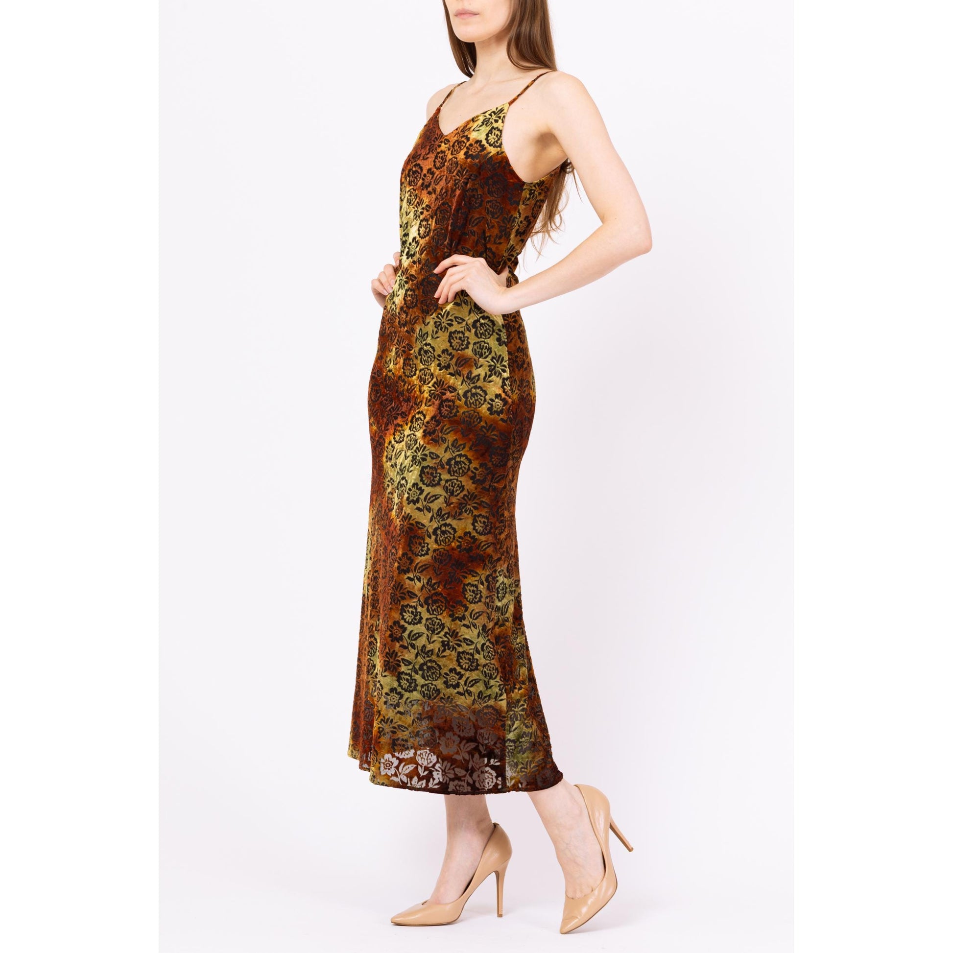Vintage 90s Dark Floral Burnout Velvet Maxi Dress - Small Flying Apple Vintage Vintage 90s Dark Floral Burnout Velvet Maxi Dress - Small Flying Apple Vintage