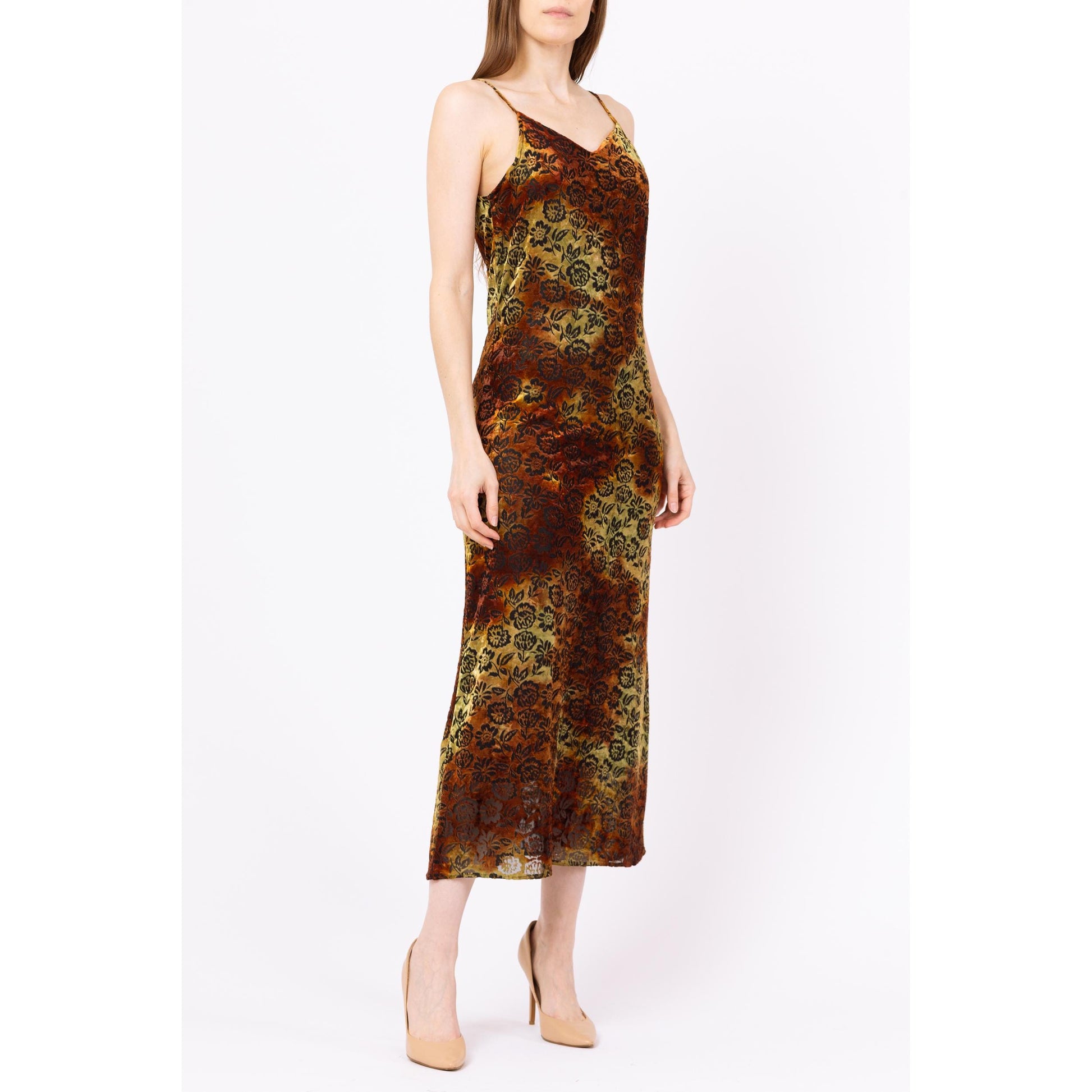 Vintage 90s Dark Floral Burnout Velvet Maxi Dress - Small Flying Apple Vintage Vintage 90s Dark Floral Burnout Velvet Maxi Dress - Small Flying Apple Vintage