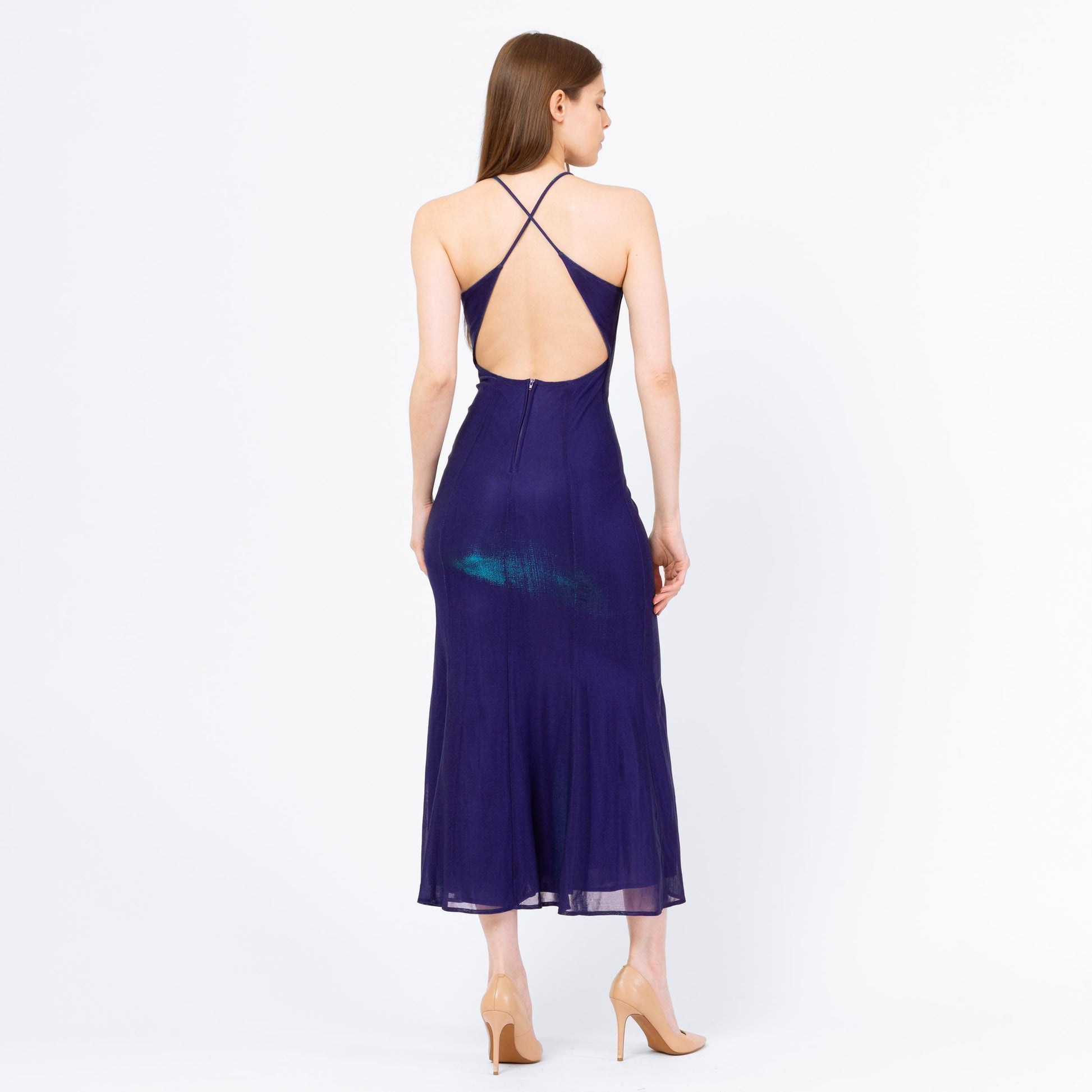 Vintage 90s Royal Purple Iridescent Backless Gown - XS to Small | Criss Cross Open Back Slinky Formal Maxi Dress, Y2K Prom Dress