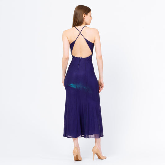Vintage 90s Royal Purple Iridescent Backless Gown - XS to Small | Criss Cross Open Back Slinky Formal Maxi Dress, Y2K Prom Dress