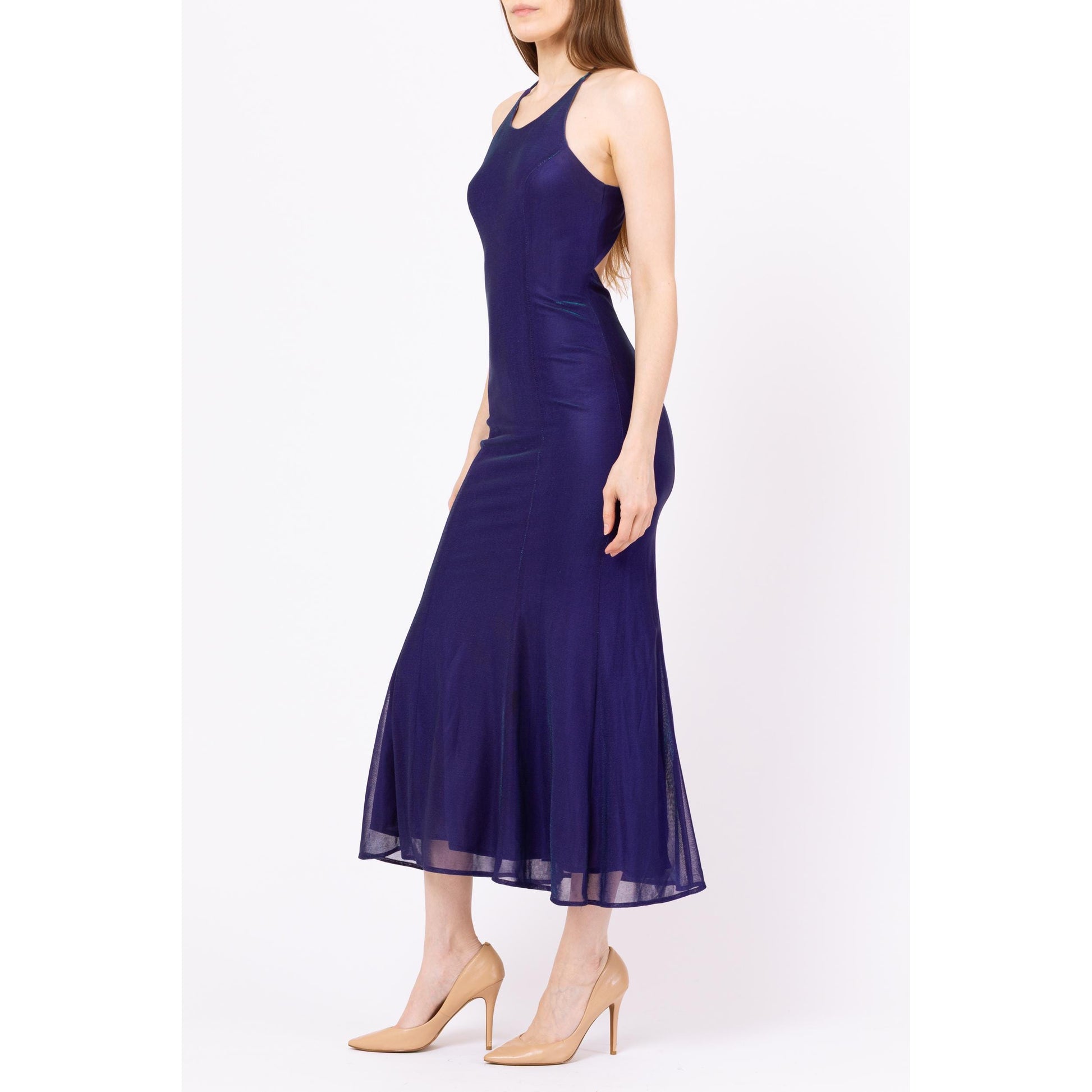 Vintage 90s Royal Purple Iridescent Backless Gown - XS to Small | Criss Cross Open Back Slinky Formal Maxi Dress, Y2K Prom Dress