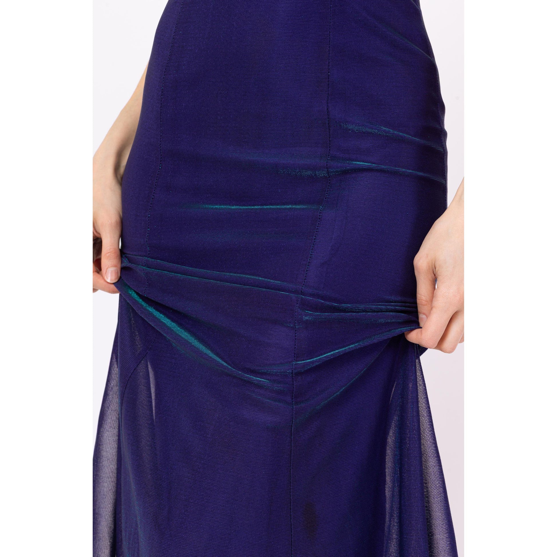 Vintage 90s Royal Purple Iridescent Backless Gown - XS to Small | Criss Cross Open Back Slinky Formal Maxi Dress, Y2K Prom Dress