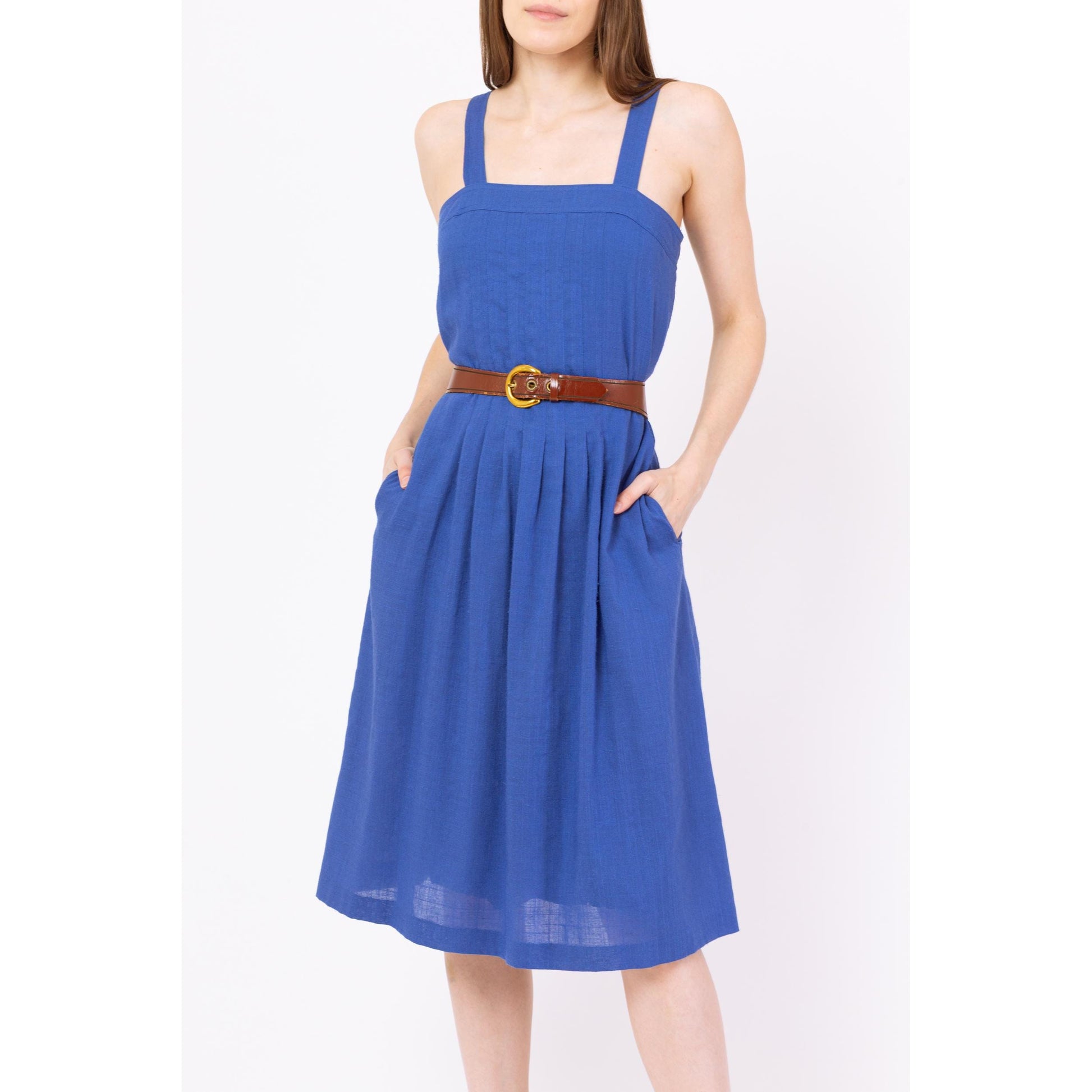 Vintage 80s Cobalt Blue Midi Pinafore Sundress - Extra Small | Sleeveless Square Neck Pleated A Line Summer Dress With Pockets