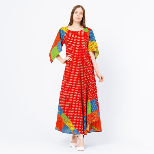 Vintage 70s Red Patchwork Print Maxi Kaftan Dress - Small | Boho Floral Angel Sleeve Hostess Dress, Retro Cottagecore Folk Tent Dress