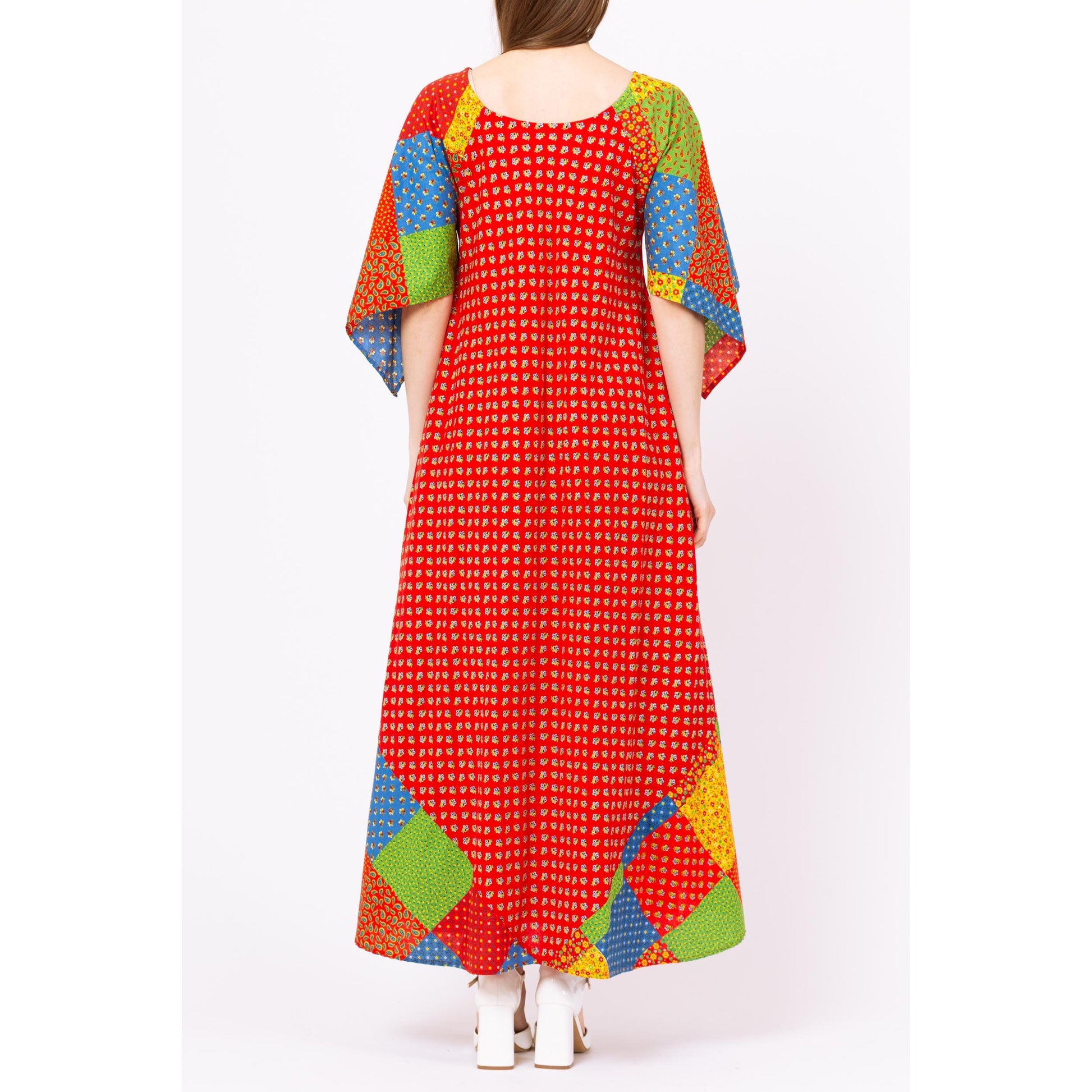 retro dress 70s Vintage 70s Red Patchwork Print Maxi Kaftan Dress