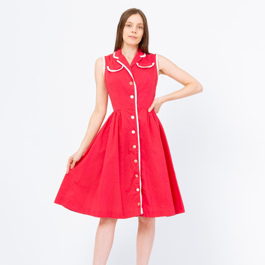 Vintage 50s 60s Bobbie Brooks Raspberry Pink Fit & Flare Dress - Extra Small | Retro Sleeveless Collared Midi Housewife Day Dress