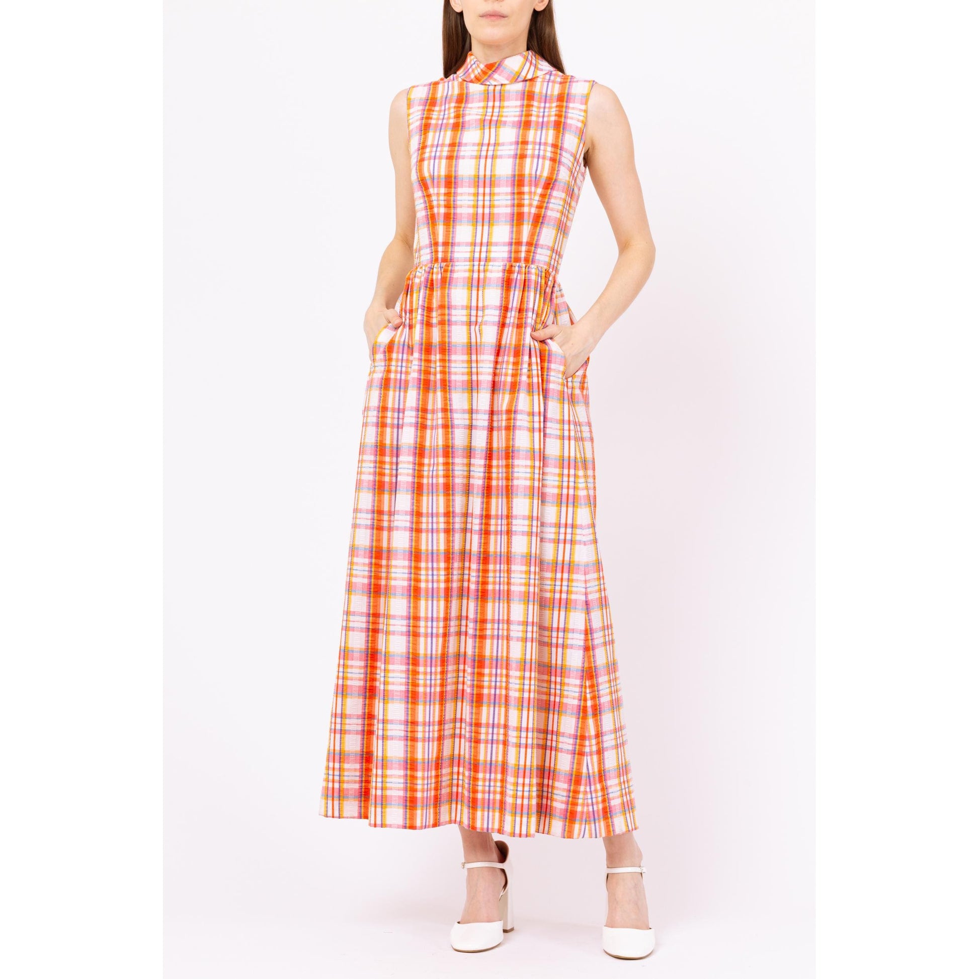 Vintage 60s Orange Plaid Seersucker Maxi Dress - Small Vintage 60s Orange Plaid Seersucker Maxi Dress - Small