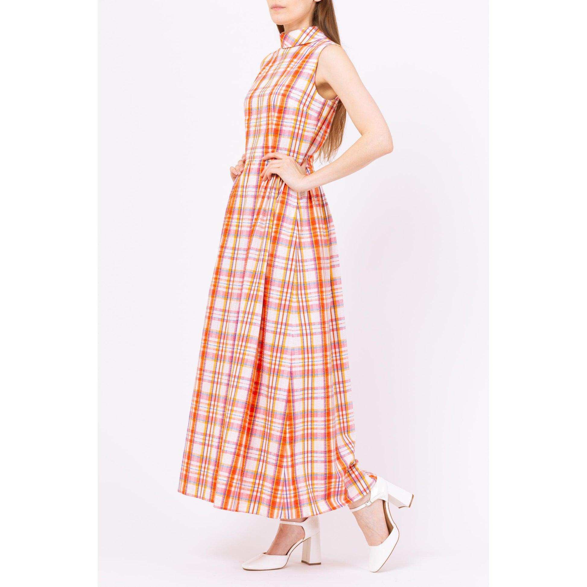 seersucker maxi dress Vintage 60s Orange Plaid Seersucker Maxi Dress