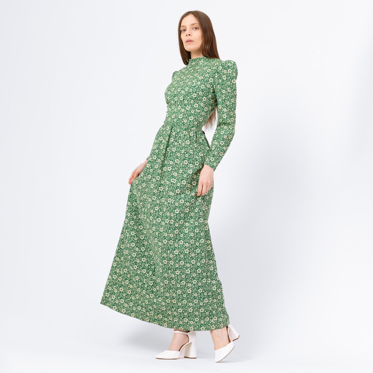 Vintage 60s Green Floral Prairie Maxi Dress - Small | Boho Victorian Style Puff Sleeve High Neck Long Sleeve Hippie Gown