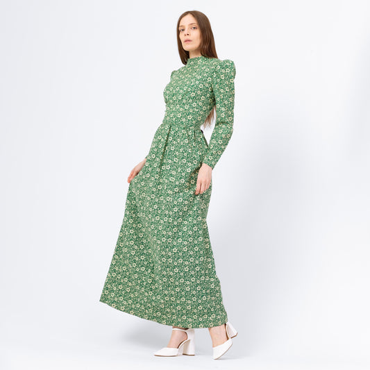 Vintage 60s Green Floral Prairie Maxi Dress - Small | Boho Victorian Style Puff Sleeve High Neck Long Sleeve Hippie Gown