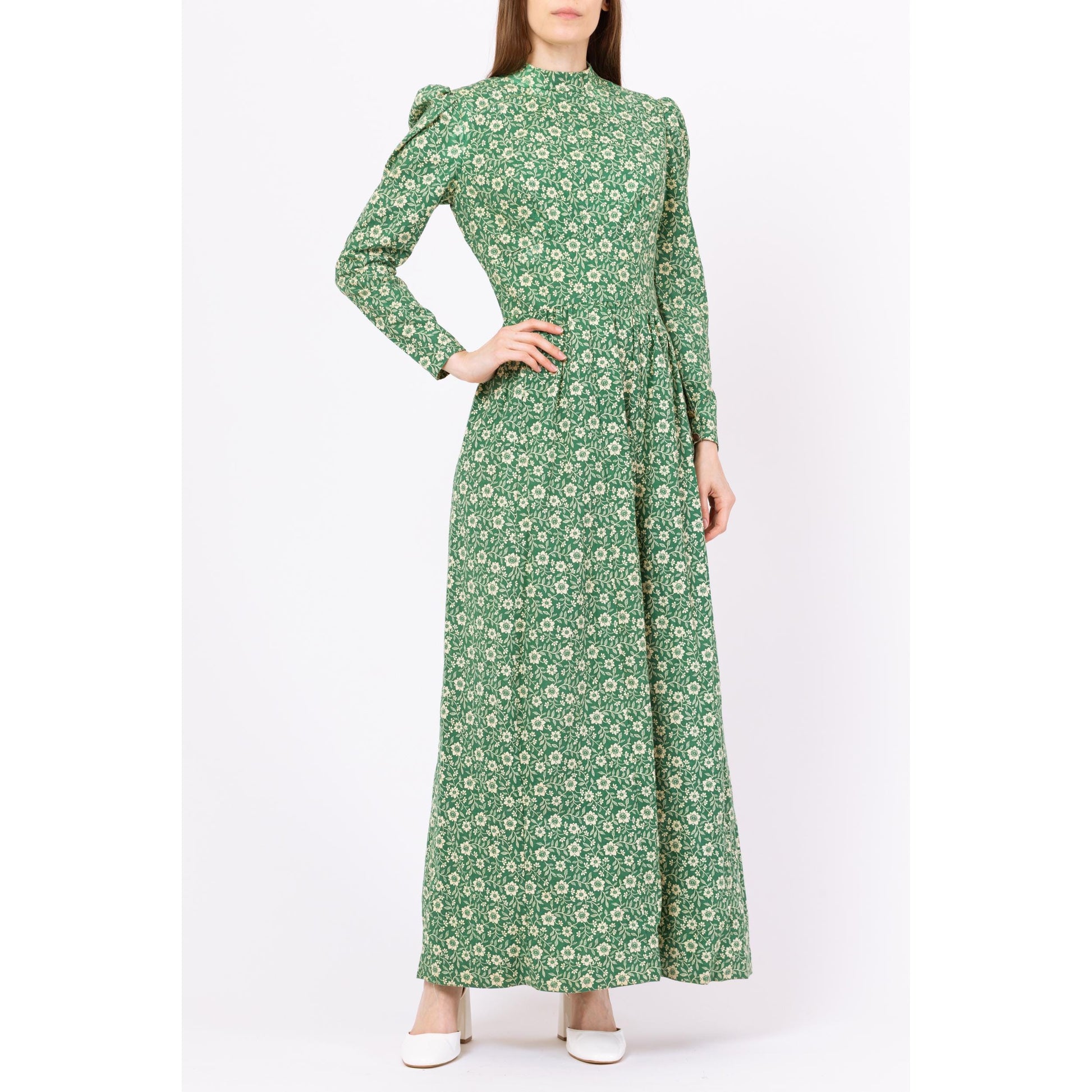 Vintage 60s Green Floral Prairie Maxi Dress - Small | Boho Victorian Style Puff Sleeve High Neck Long Sleeve Hippie Gown