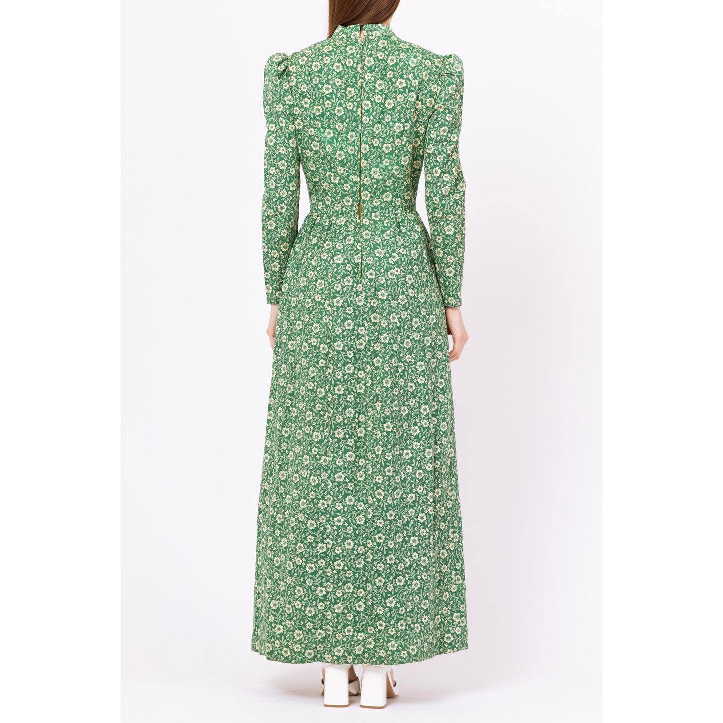 Vintage 60s Green Floral Prairie Maxi Dress - Small | Boho Victorian Style Puff Sleeve High Neck Long Sleeve Hippie Gown