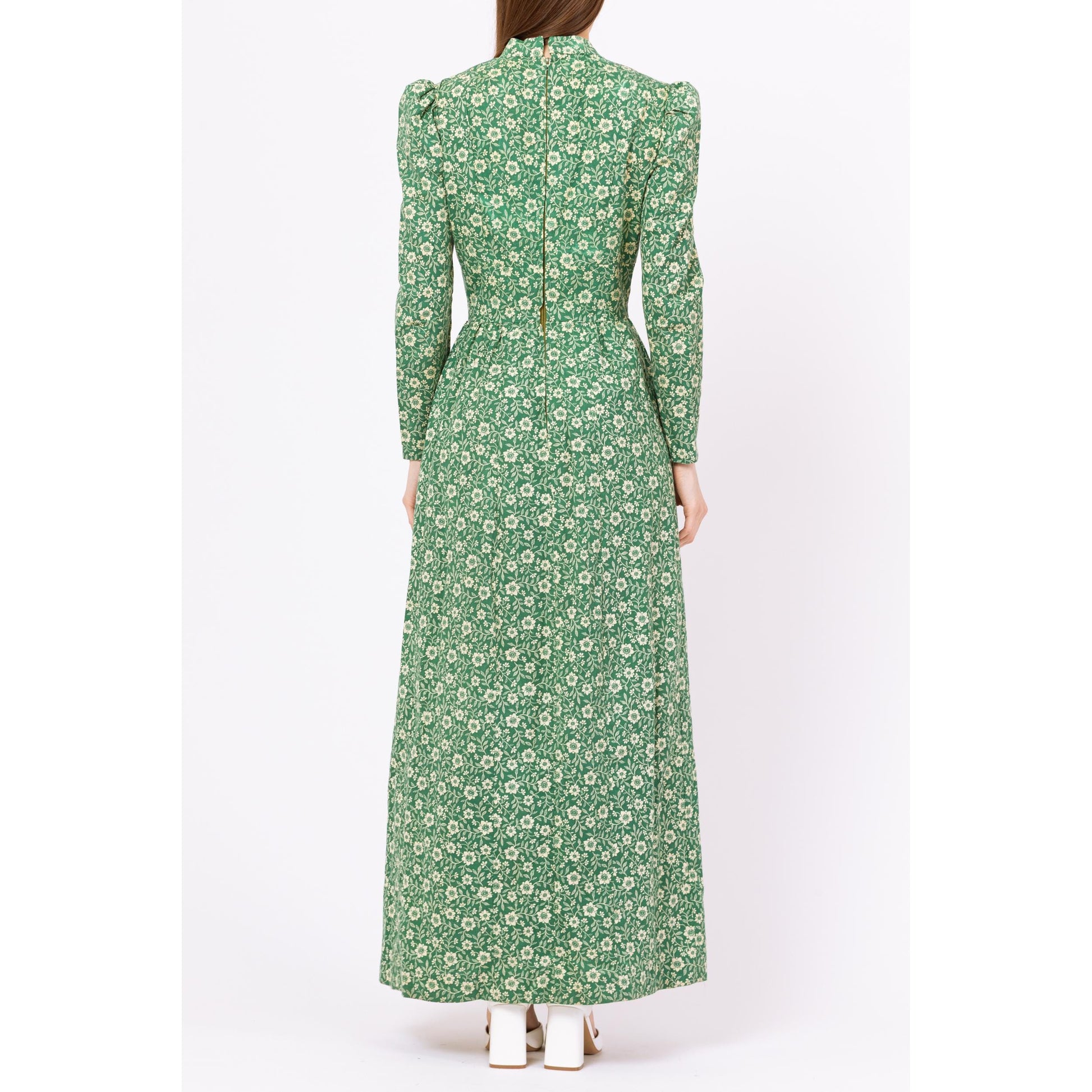 Vintage 60s Green Floral Prairie Maxi Dress - Small | Boho Victorian Style Puff Sleeve High Neck Long Sleeve Hippie Gown