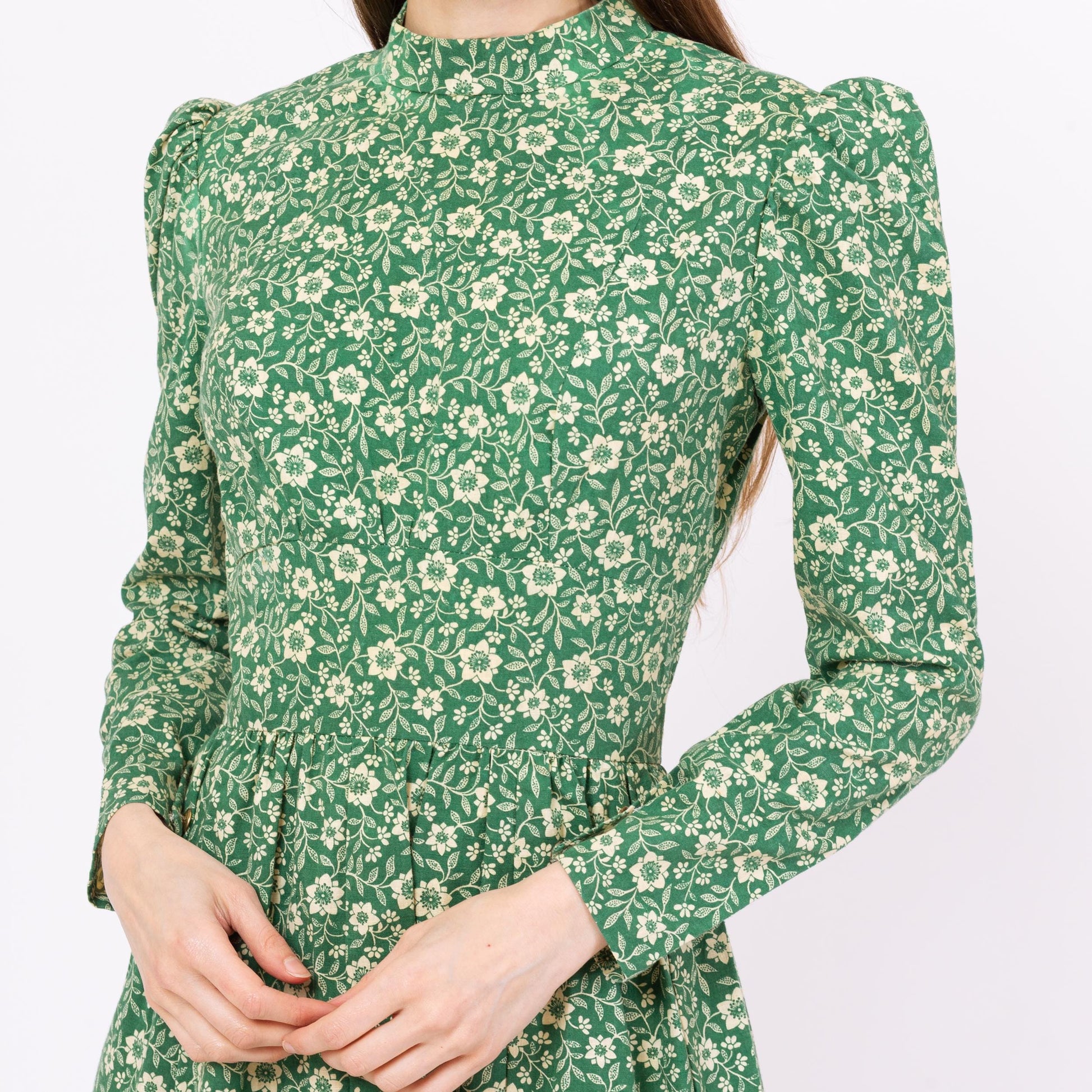 Vintage 60s Green Floral Prairie Maxi Dress - Small | Boho Victorian Style Puff Sleeve High Neck Long Sleeve Hippie Gown