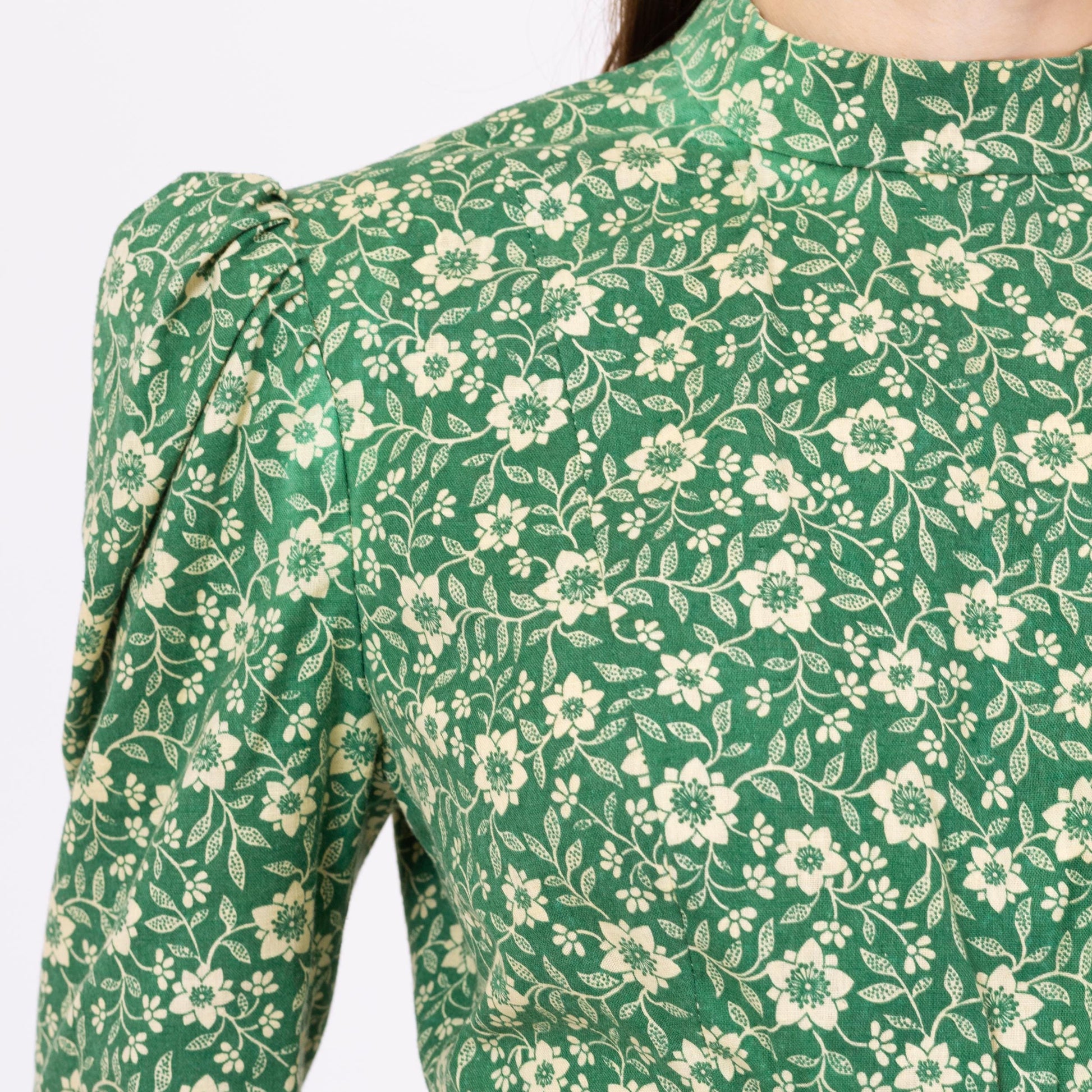 Vintage 60s Green Floral Prairie Maxi Dress - Small | Boho Victorian Style Puff Sleeve High Neck Long Sleeve Hippie Gown