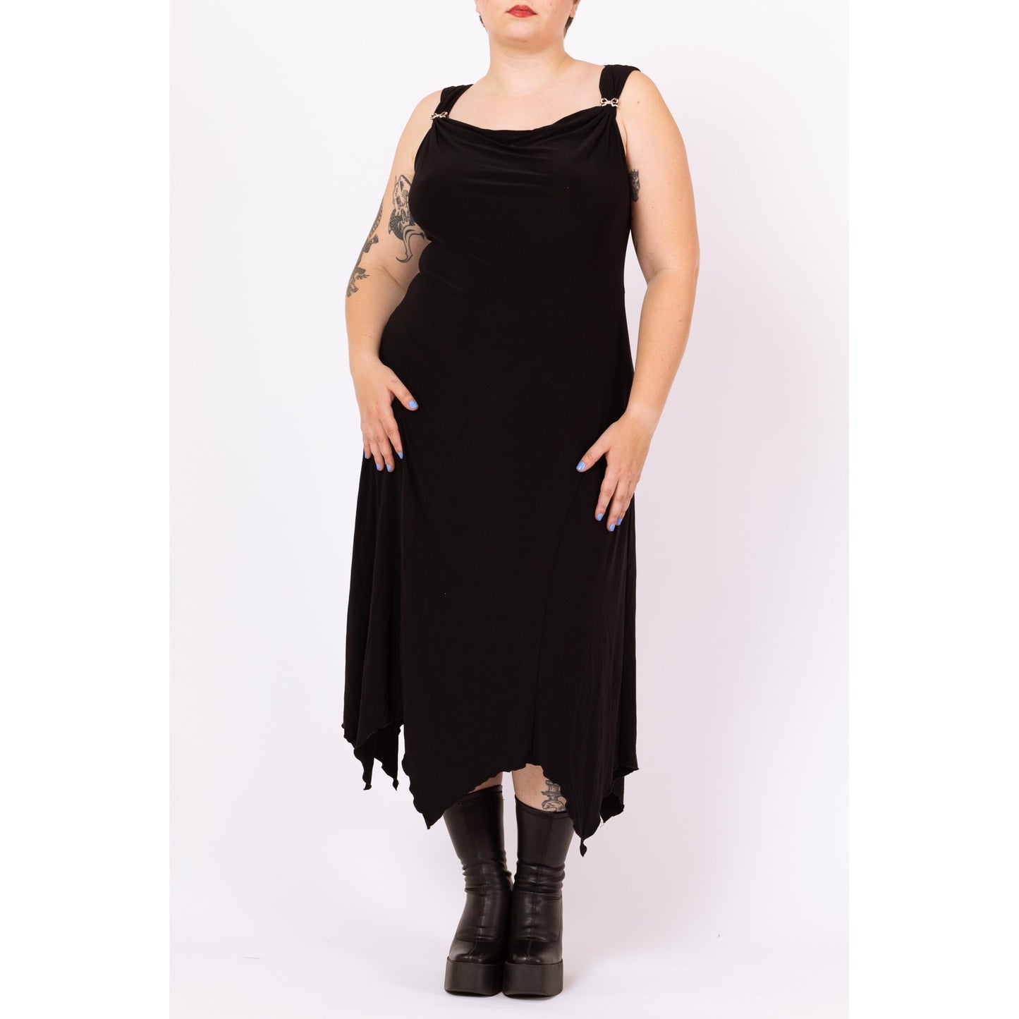 Vintage 90s Black Scarf Hem Witchy Maxi Dress - Large | Jeweled Strap Gothic Party Dress, Slinky Bias Cut Slip Dress