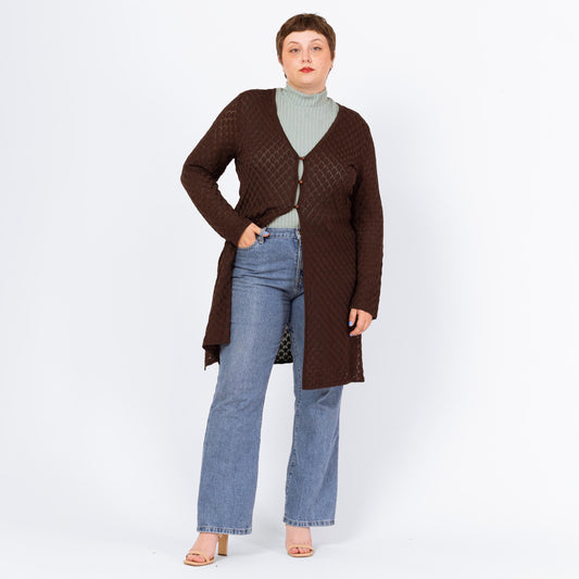 Vintage 90s Y2K Chocolate Brown Open Weave Knit Cardigan - Large | Sheer Diamond Knit Longline Sweater, Boho Layering Piece Cover Up