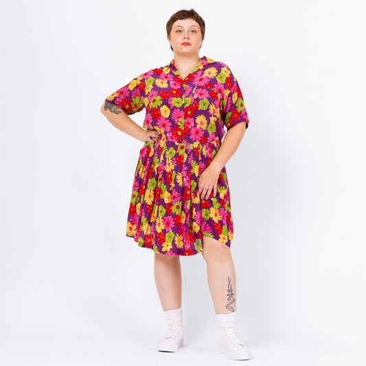 Vintage 80s Silk Colorful Floral Skirt & Blouse Set - Extra Large | Matching Miniskirt Short Sleeve Shirt, Pink Purple Two Piece Outfit