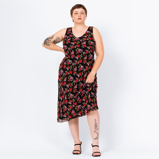 Vintage 90s Cherry Blossom Floral Bias Cut Midi Dress - Extra Large | Boho Wedding Guest Dress, Black Red Sleeveless Date Night Dress