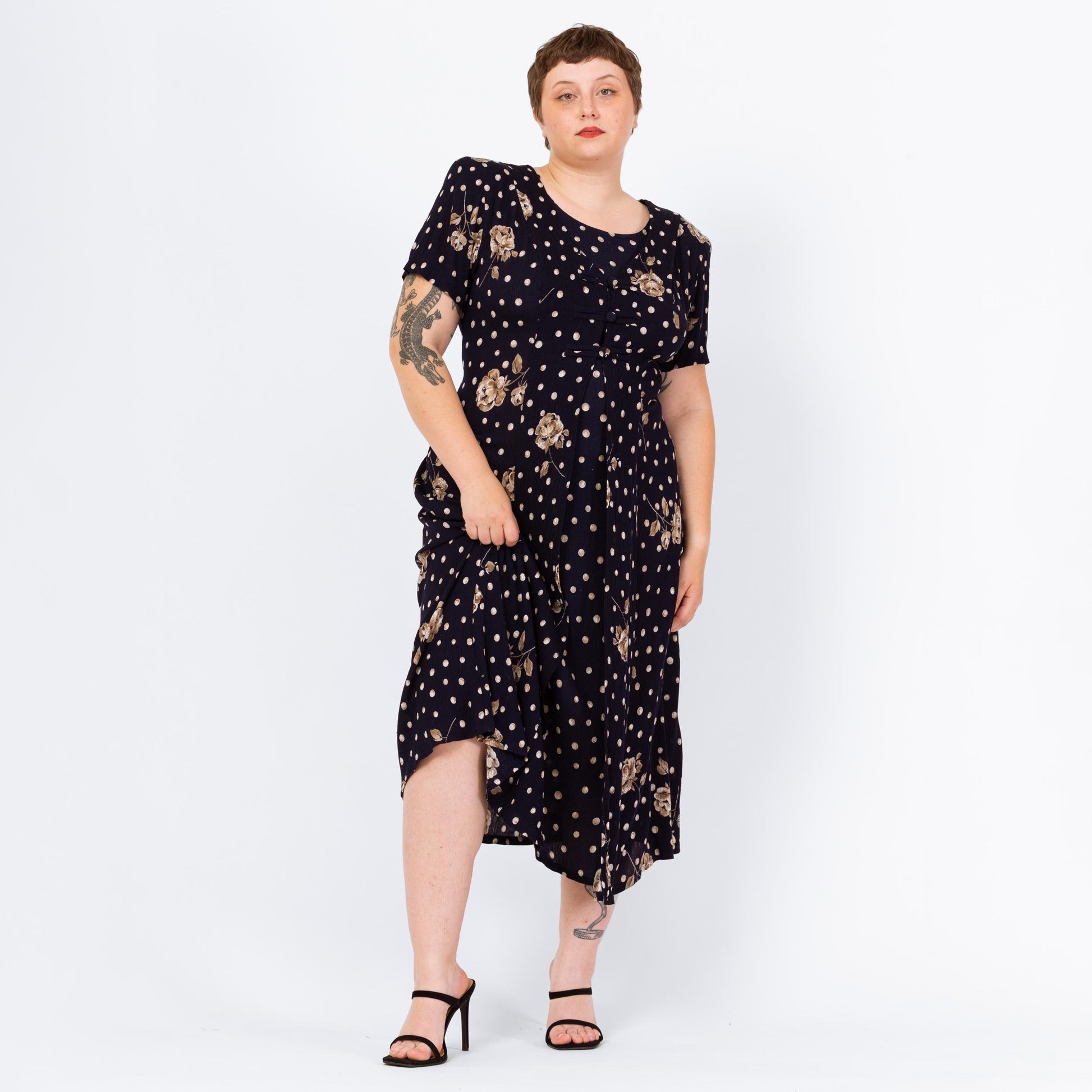 Vintage 90s Floral Polka Dot Split Front Maxi Dress Large Vintage 90s Floral Polka Dot Split Front Maxi Dress Large