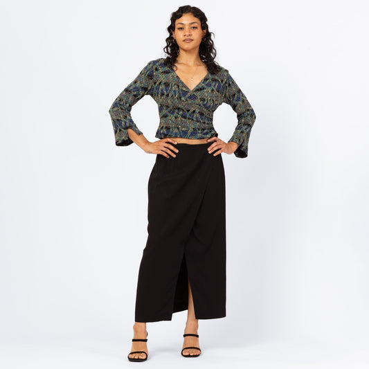 Vintage 90s Hugo Buscati Black Maxi Wrap Skirt - Medium, 28" Waist | Minimalist High Waisted Ankle Length Long Straight Skirt