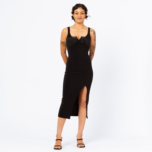 Vintage 90s Black Bodycon Pinup Bow Midi Dress - Extra Small | Sexy Sleeveless Cocktail Party Dress, Formal High Slit Evening Gown