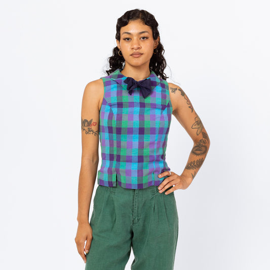 Vintage 80s Preppy Plaid Chelsea Collar Top - Extra Small | Retro Sleeveless Button Back Blouse, Blue Green Purple Linen Blend Cropped Tank